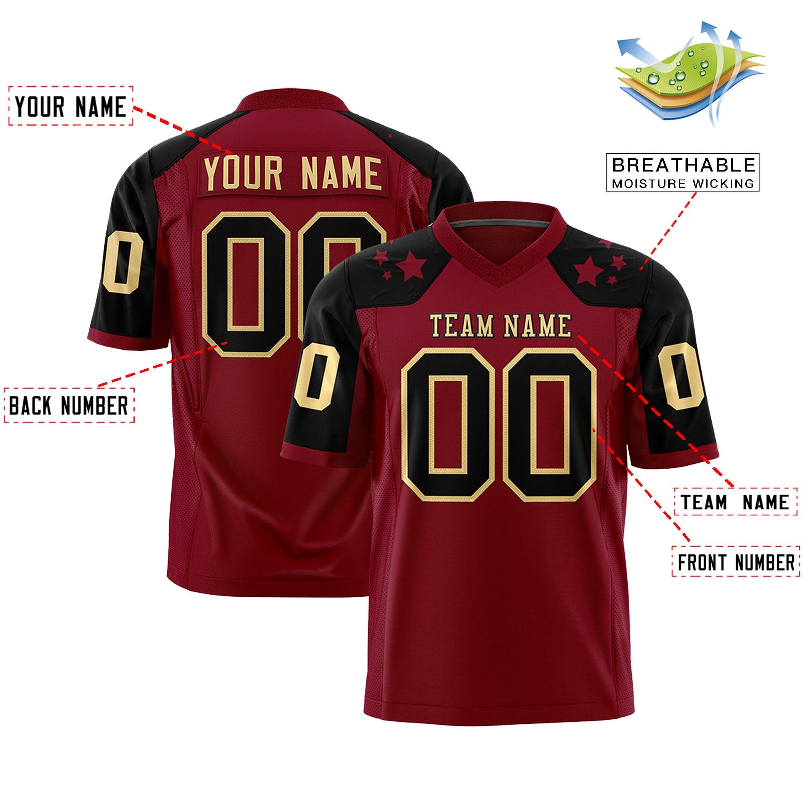 Custom Crimson Khaki Personalized Shoulder Star Pattern Authentic Flag Football Jersey