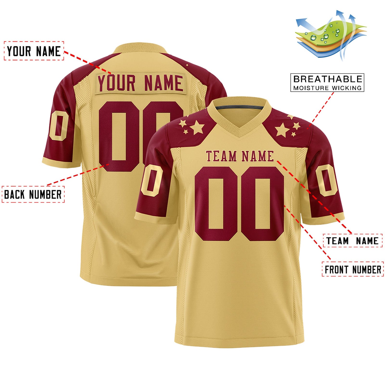 Custom Khaki Crimson Personalized Shoulder Star Pattern Authentic Flag Football Jersey