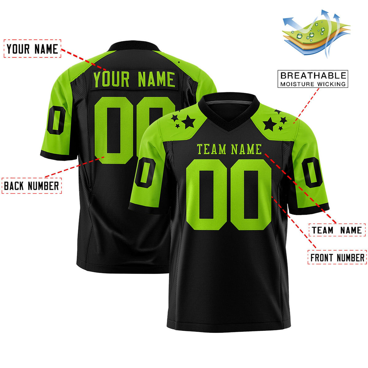 Custom Black Neon Green Personalized Shoulder Star Pattern Flag Football Jersey