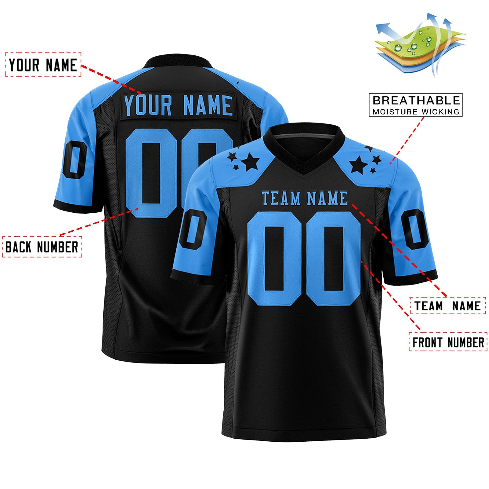 Custom Black Powder Blue Personalized Shoulder Star Pattern Authentic Flag Football Jersey