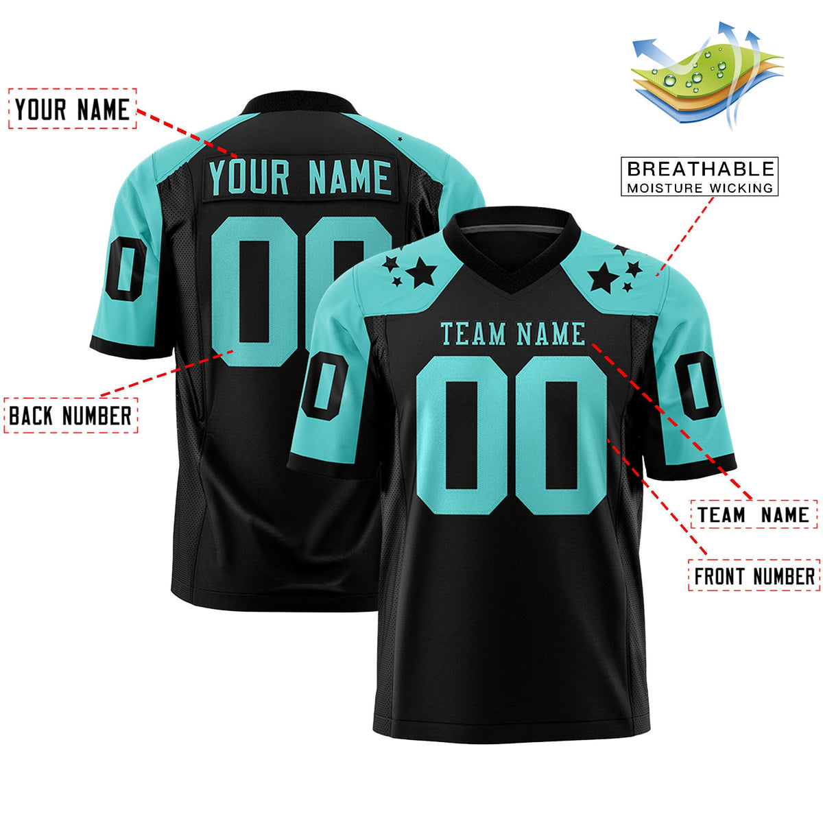 Custom Black Bright Green Personalized Shoulder Star Pattern Flag Football Jersey