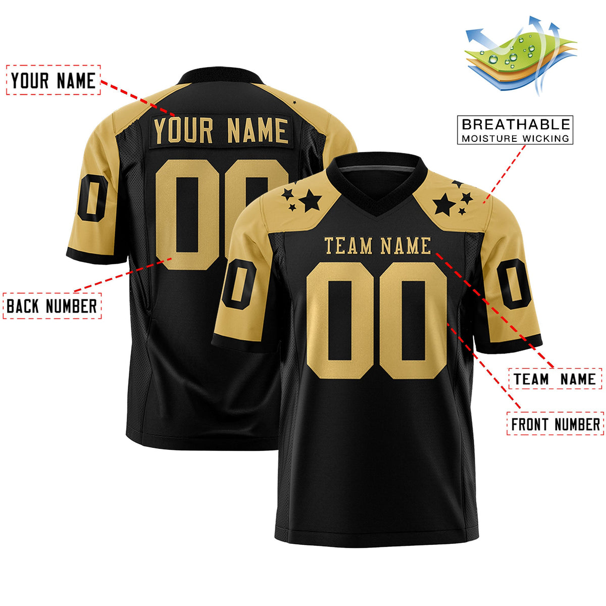 Custom Black Old Gold Personalized Shoulder Star Pattern Flag Football Jersey