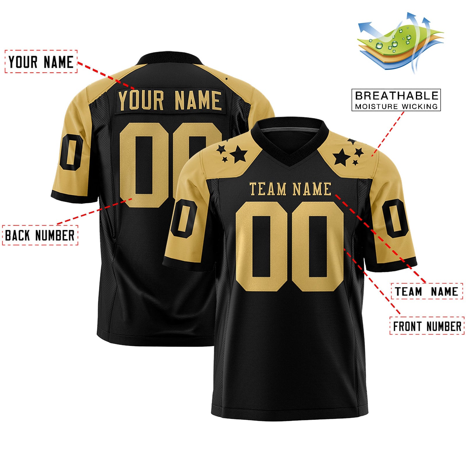 Custom Black Old Gold Personalized Shoulder Star Pattern Authentic Flag Football Jersey