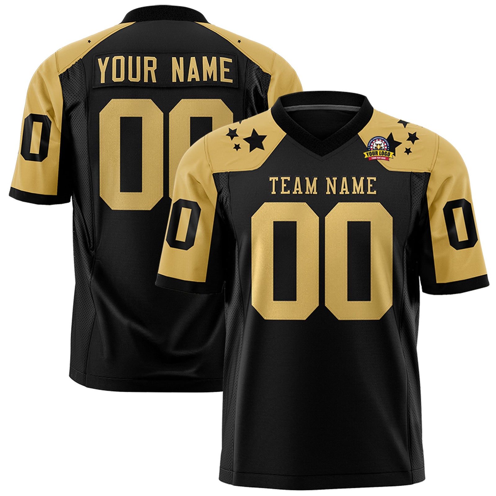 Custom Black Old Gold Personalized Shoulder Star Pattern Authentic Flag Football Jersey