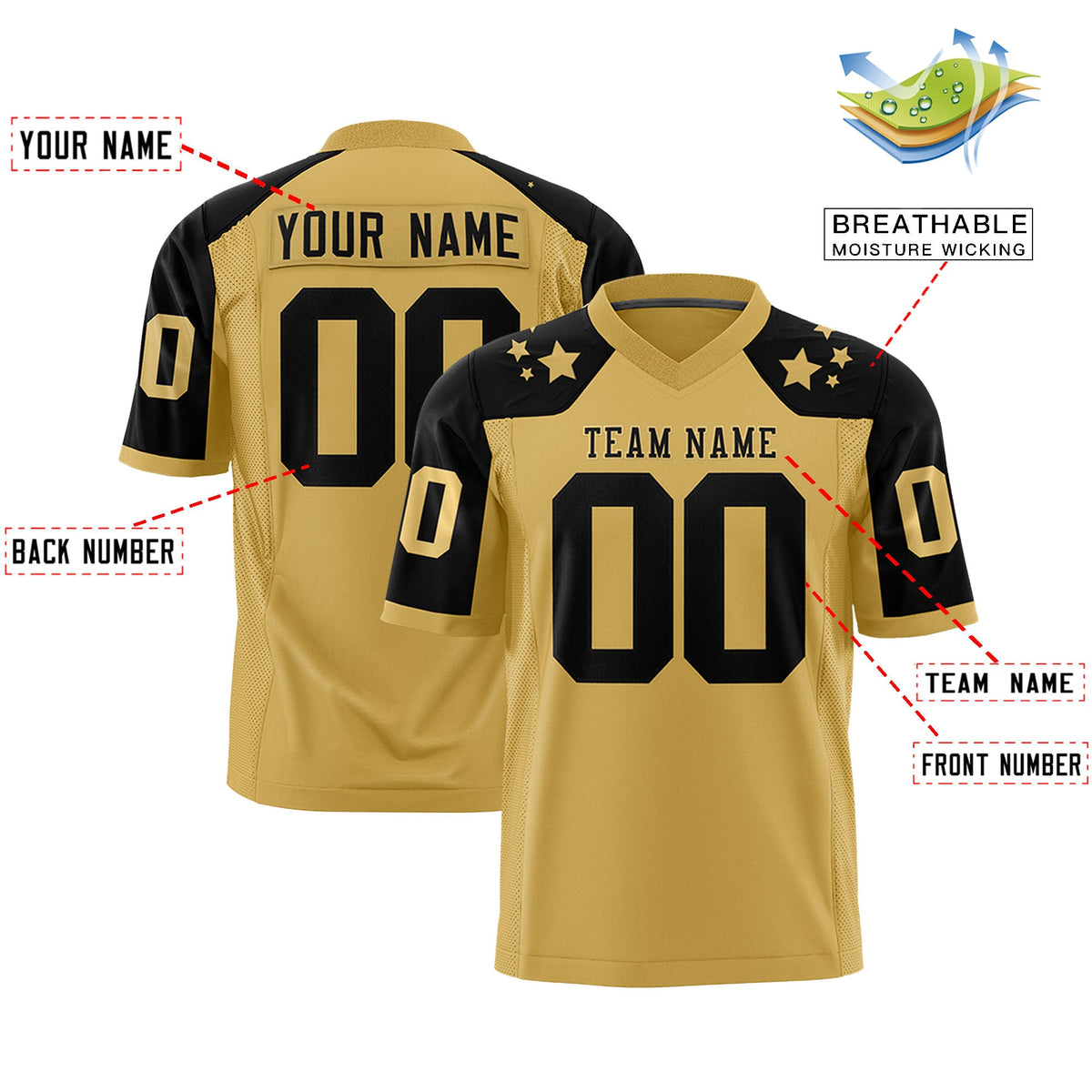 Custom Old Gold Black Personalized Shoulder Star Pattern Flag Football Jersey