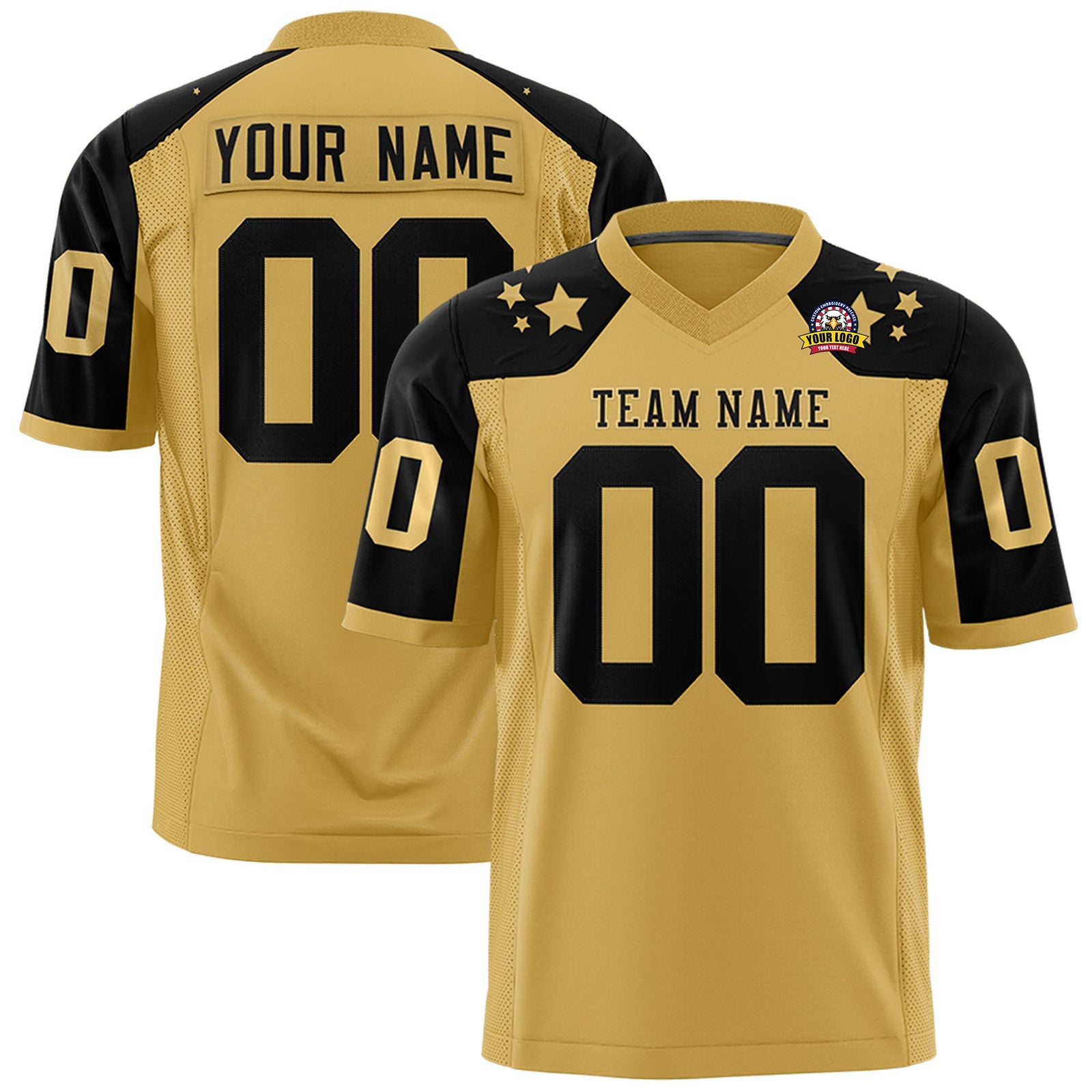 Custom Old Gold Black Personalized Shoulder Star Pattern Authentic Flag Football Jersey
