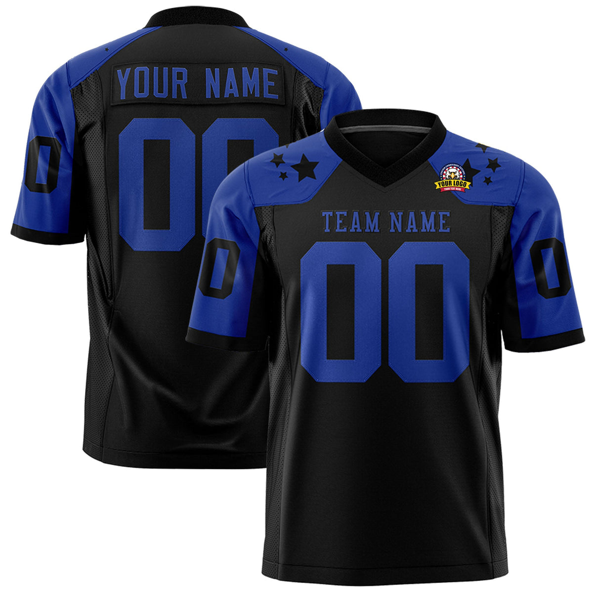 Custom Black Royal Personalized Shoulder Star Pattern Authentic Flag Football Jersey