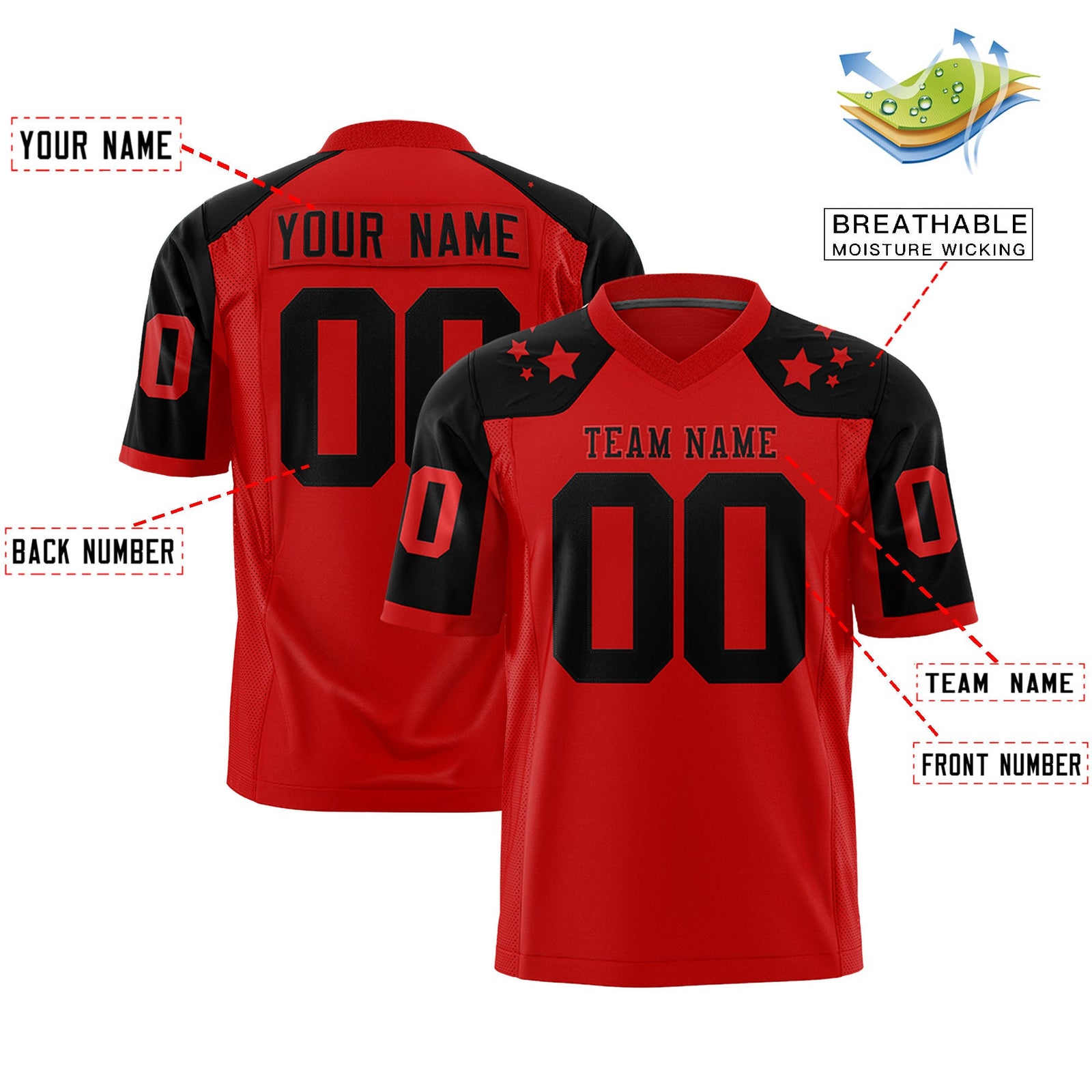 Custom Red Black Personalized Shoulder Star Pattern Authentic Flag Football Jersey
