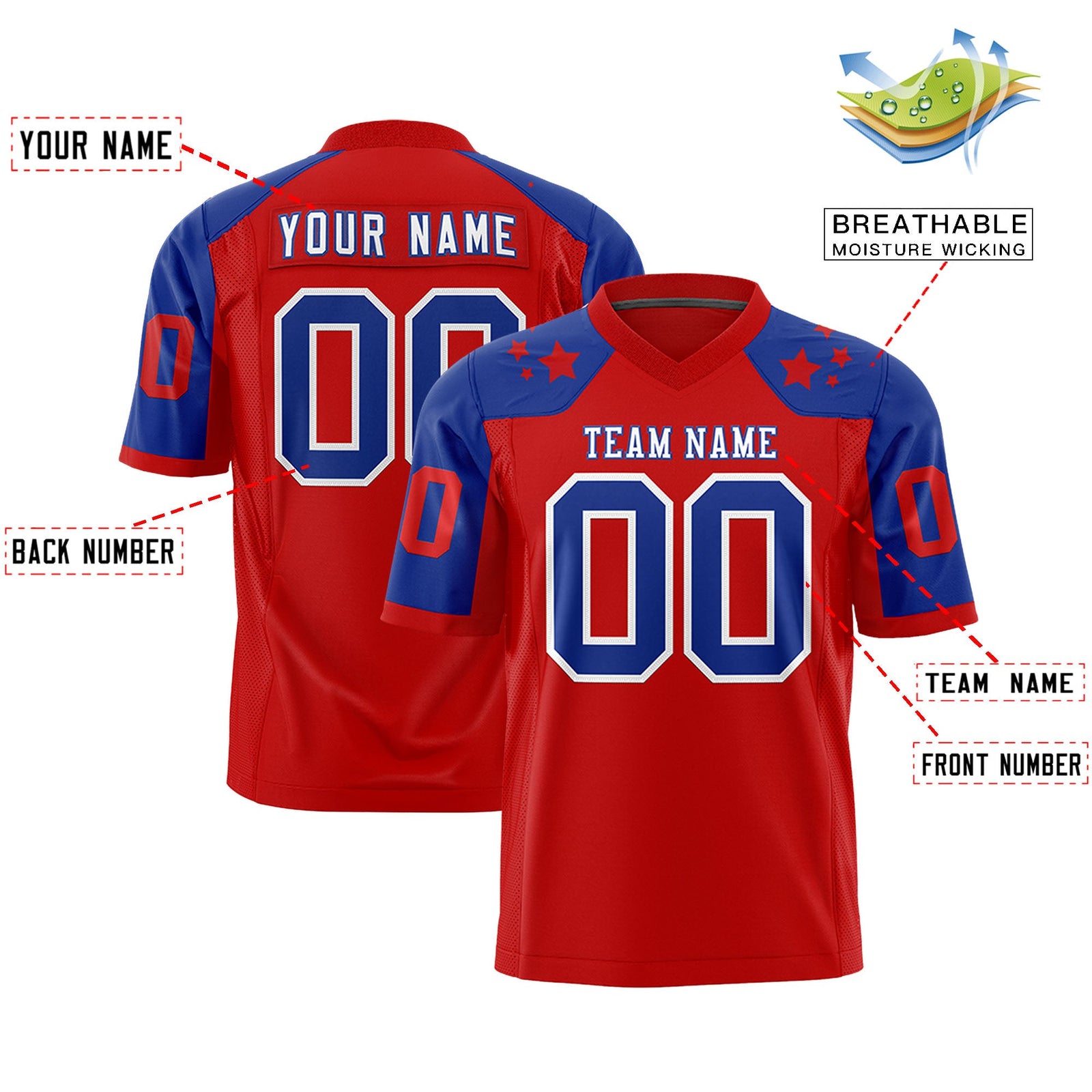 Custom Red Royal Personalized Shoulder Star Pattern Authentic Flag Football Jersey