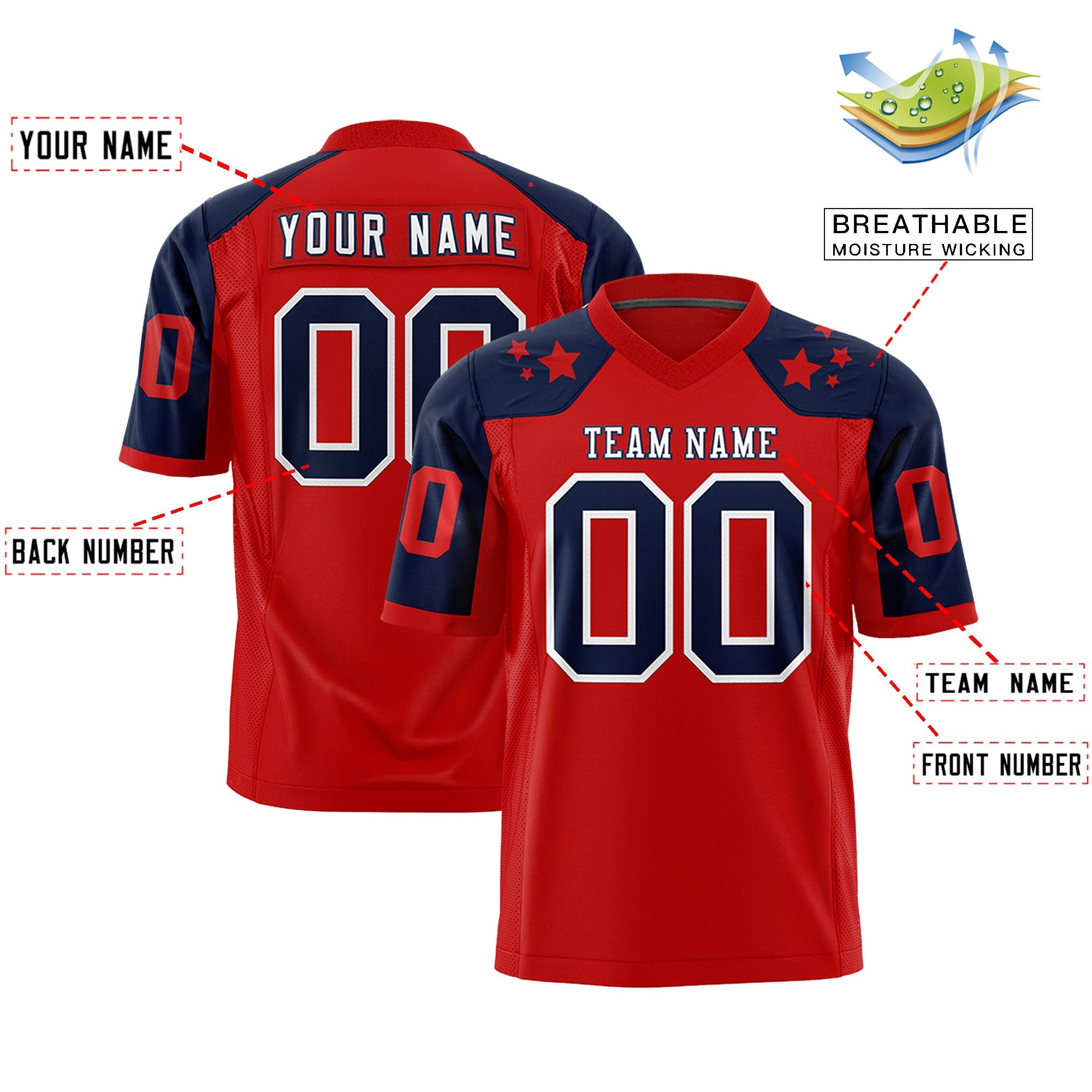 Custom Red Navy Personalized Shoulder Star Pattern Authentic Flag Football Jersey