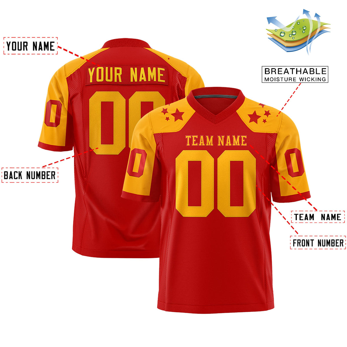 Custom Red Yellow Personalized Shoulder Star Pattern Flag Football Jersey