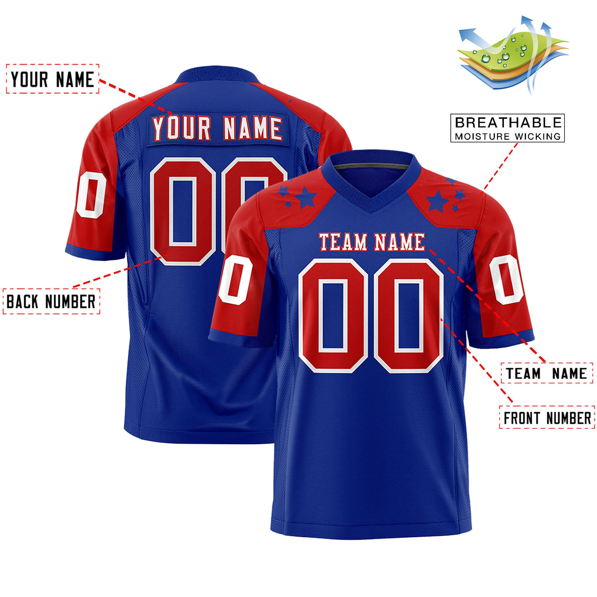 Custom Royal Red Personalized Shoulder Star Pattern Flag Football Jersey