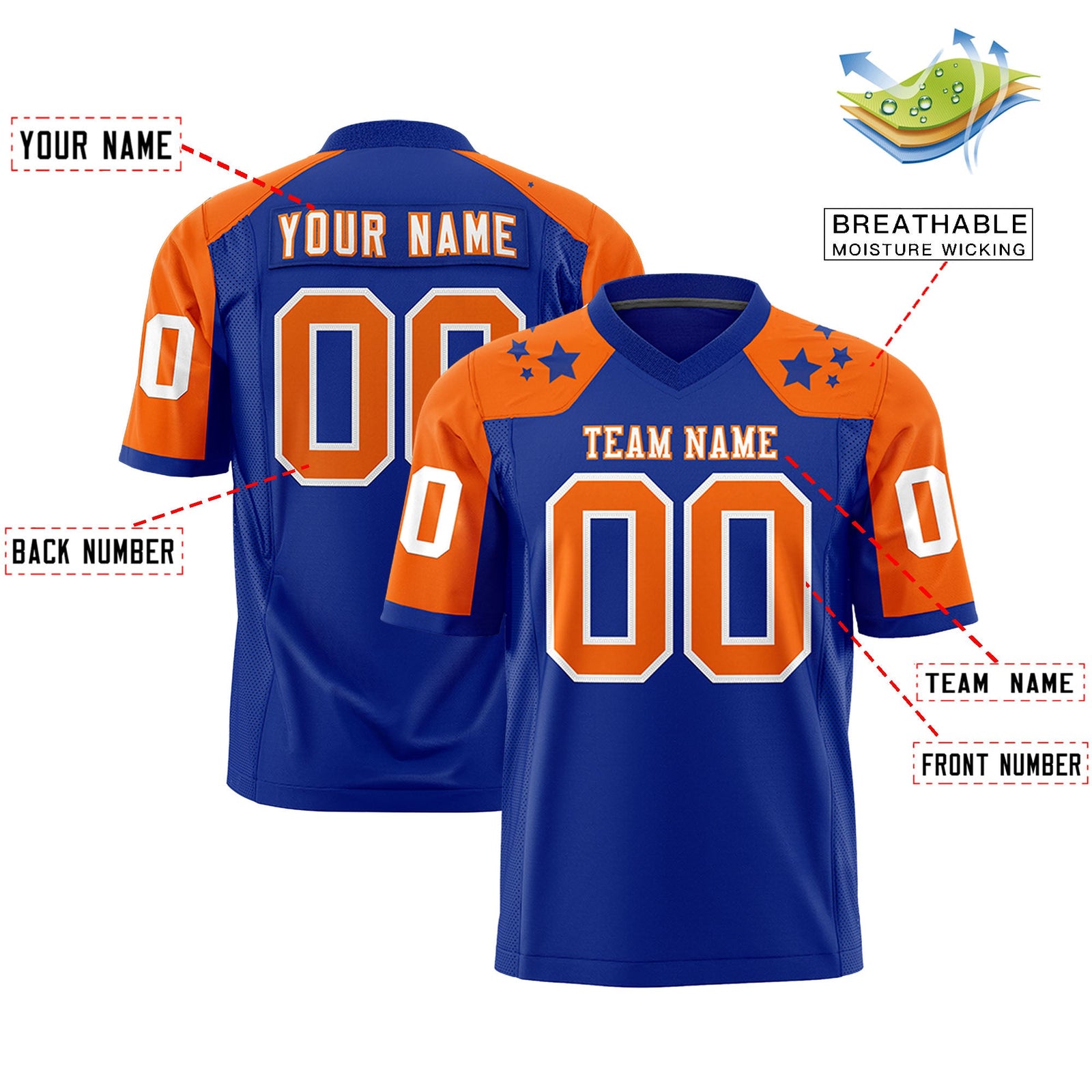 Custom Royal Orange Personalized Shoulder Star Pattern Authentic Flag Football Jersey