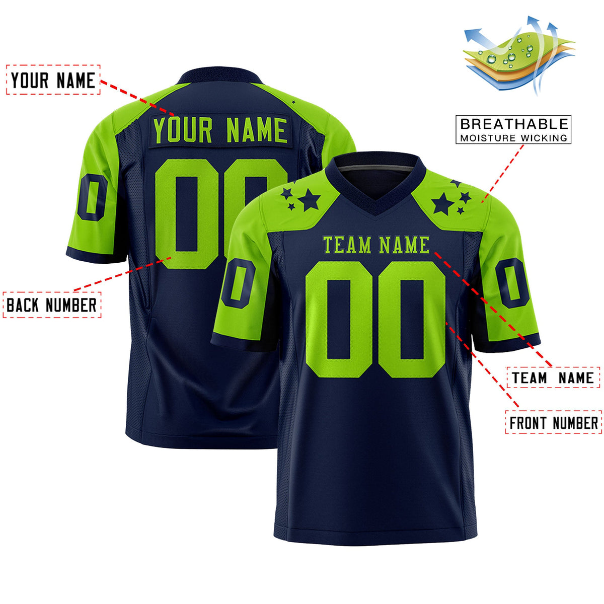 Custom Navy Neon Green Personalized Shoulder Star Pattern Flag Football Jersey
