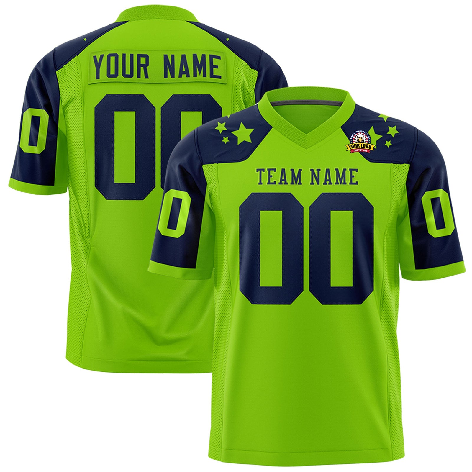 Custom Neon Green Navy Personalized Shoulder Star Pattern Authentic Flag Football Jersey