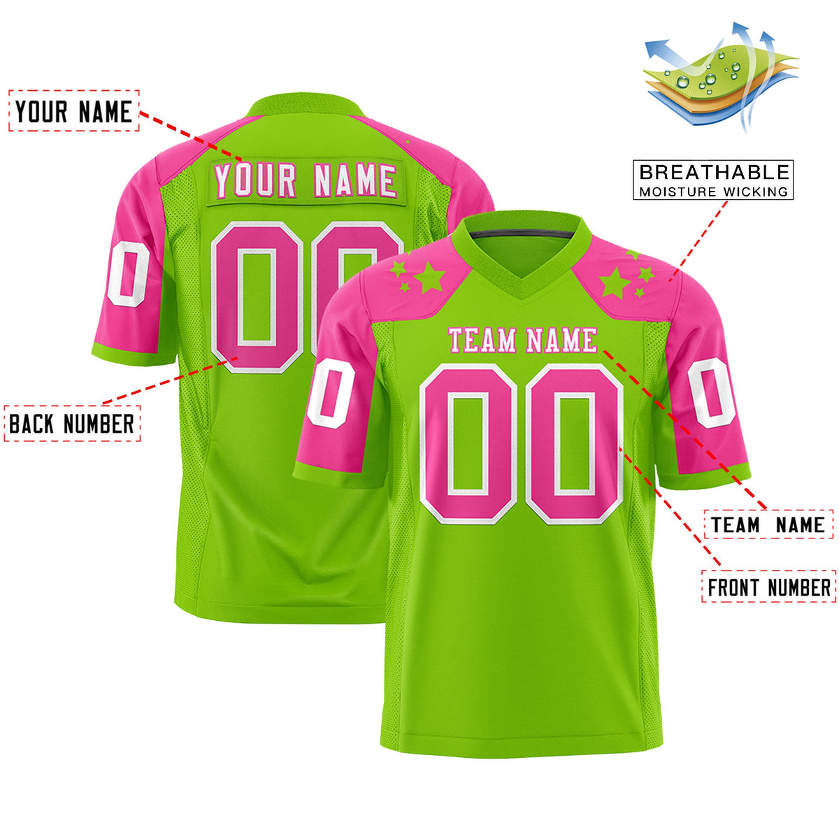 Custom Neon Green Pink Personalized Shoulder Star Pattern Flag Football Jersey