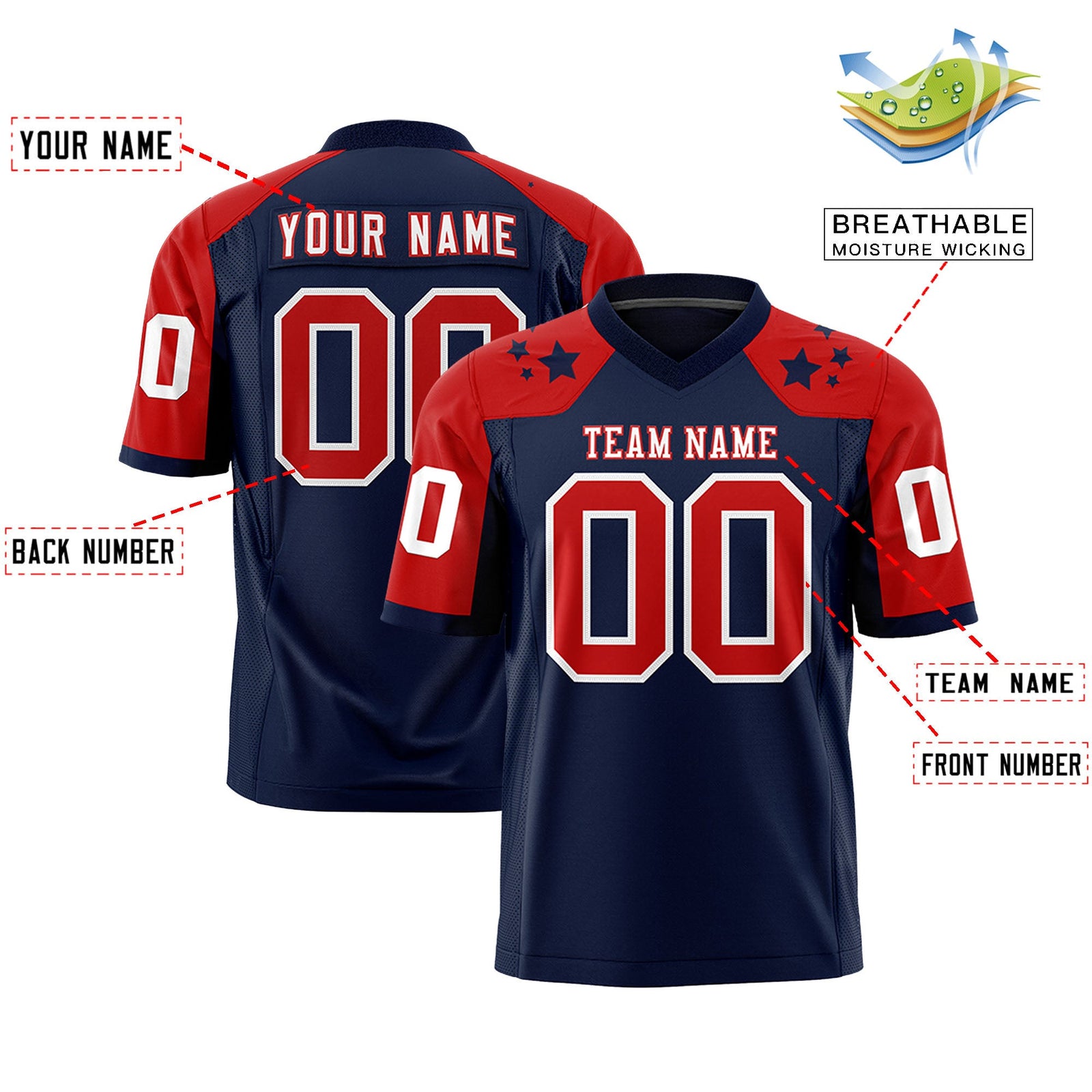 Custom Navy Red Personalized Shoulder Star Pattern Authentic Flag Football Jersey