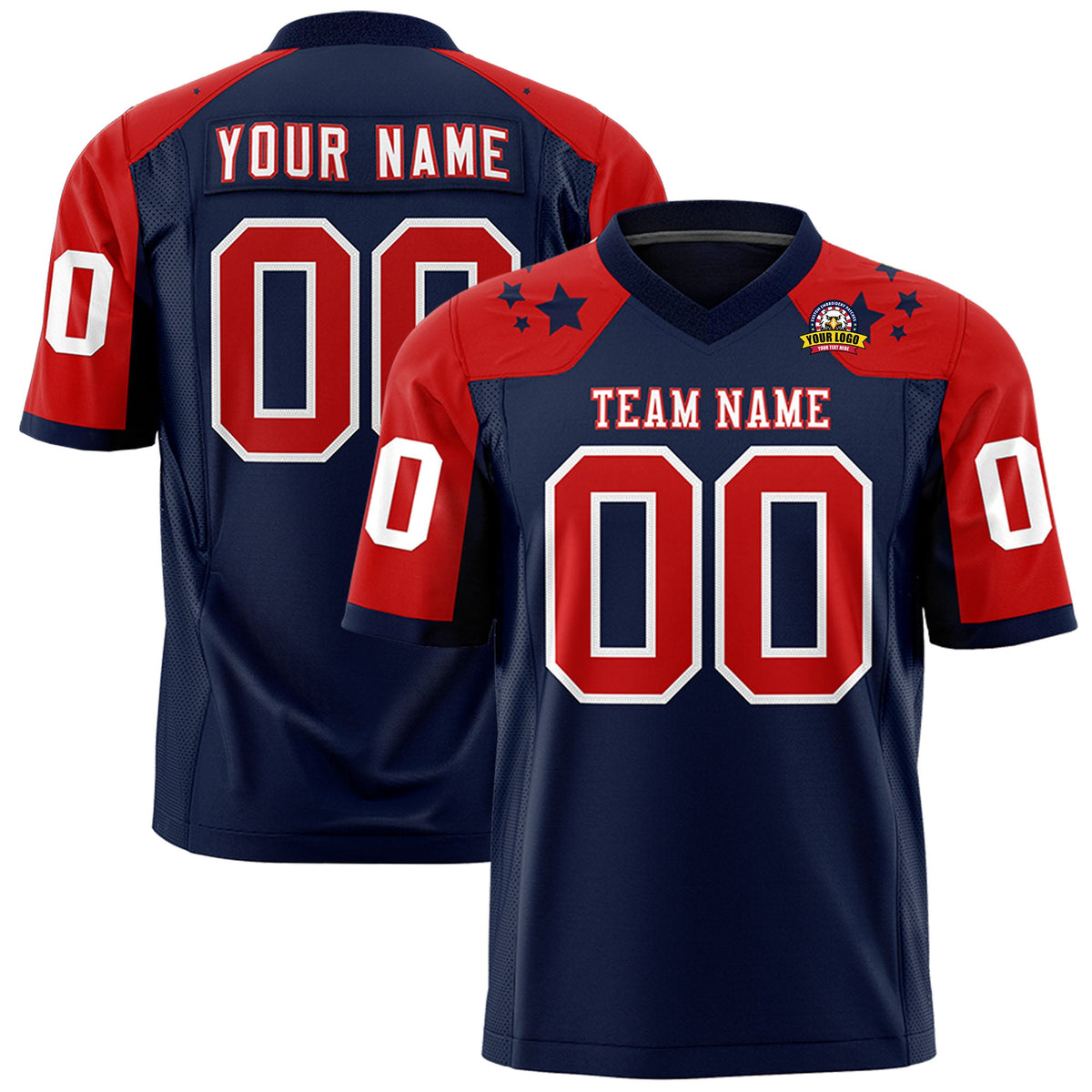 Custom Navy Red Personalized Shoulder Star Pattern Authentic Flag Football Jersey