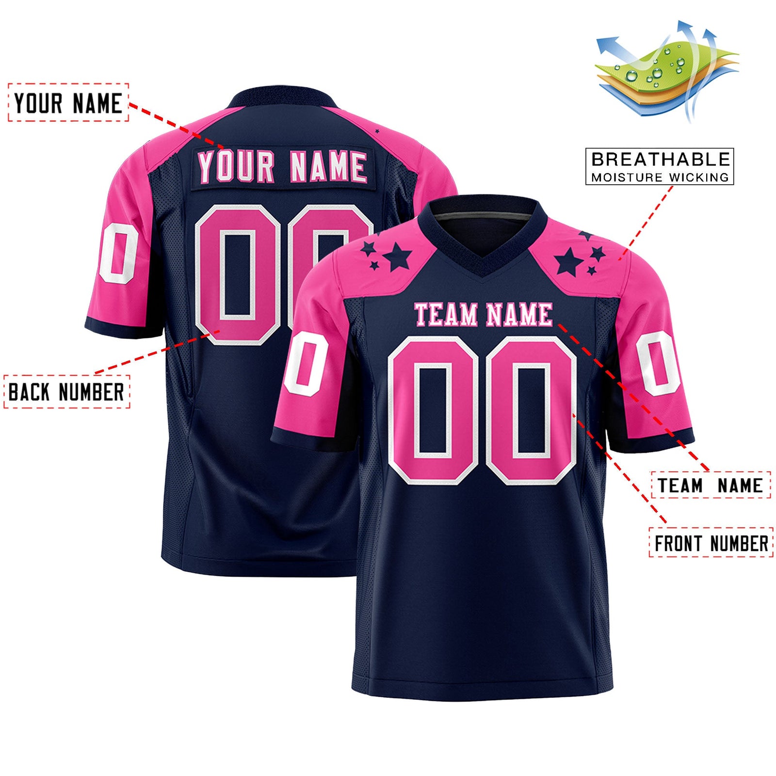 Custom Navy Pink Personalized Shoulder Star Pattern Authentic Flag Football Jersey