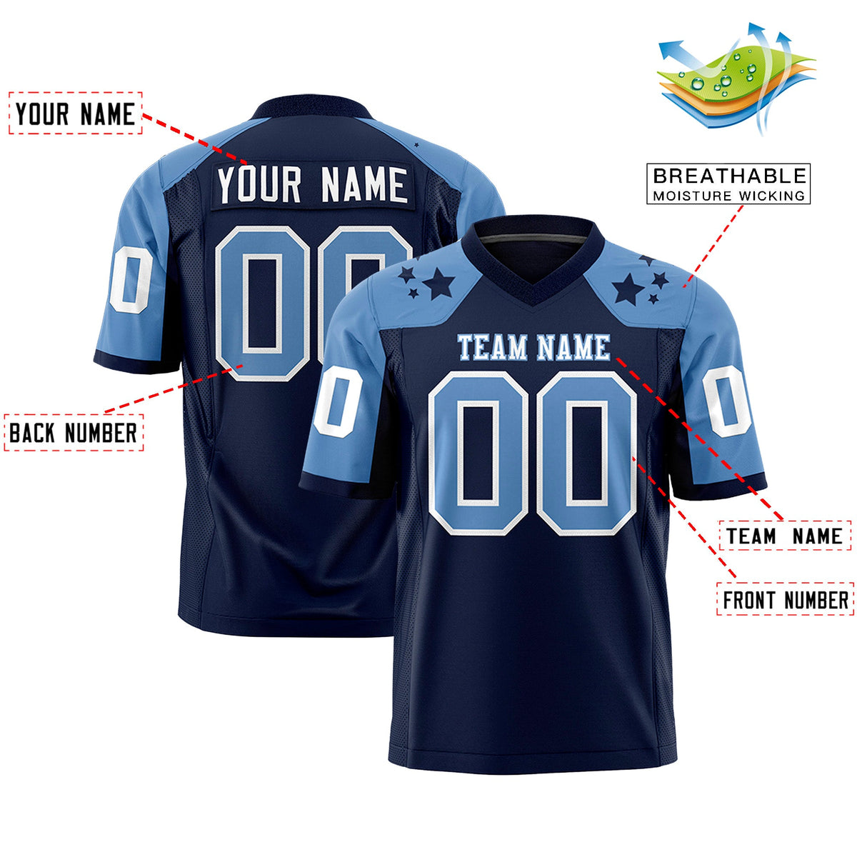 Custom Navy Light Blue Personalized Shoulder Star Pattern Flag Football Jersey
