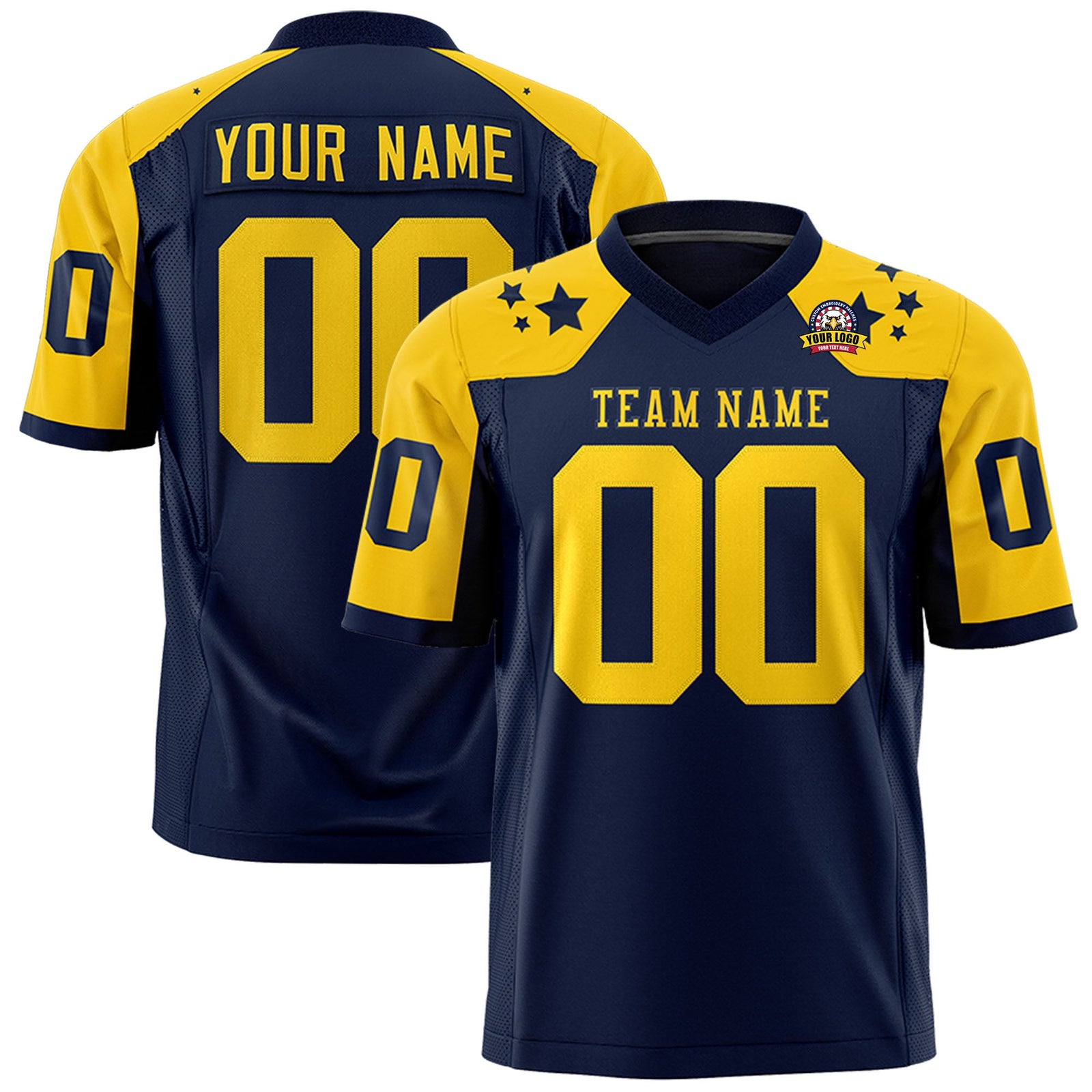 Custom Navy Gold Personalized Shoulder Star Pattern Authentic Flag Football Jersey