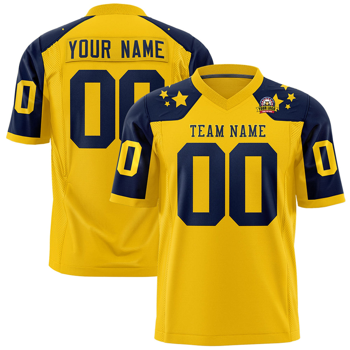 Custom Gold Navy Personalized Shoulder Star Pattern Authentic Flag Football Jersey