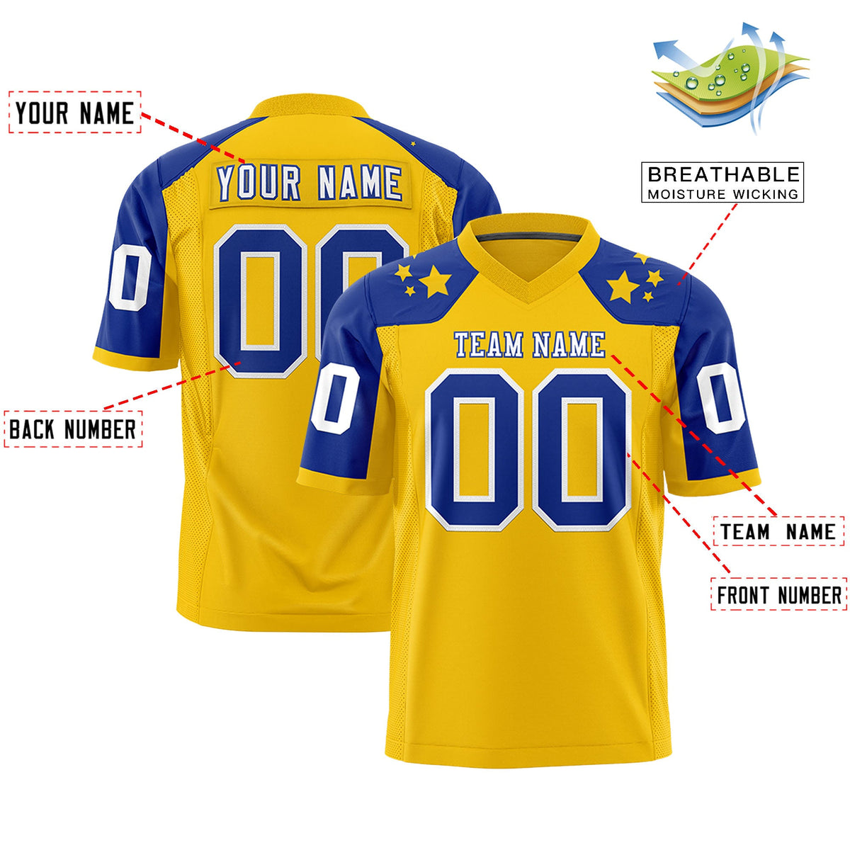 Custom Gold Royal Personalized Shoulder Star Pattern Flag Football Jersey