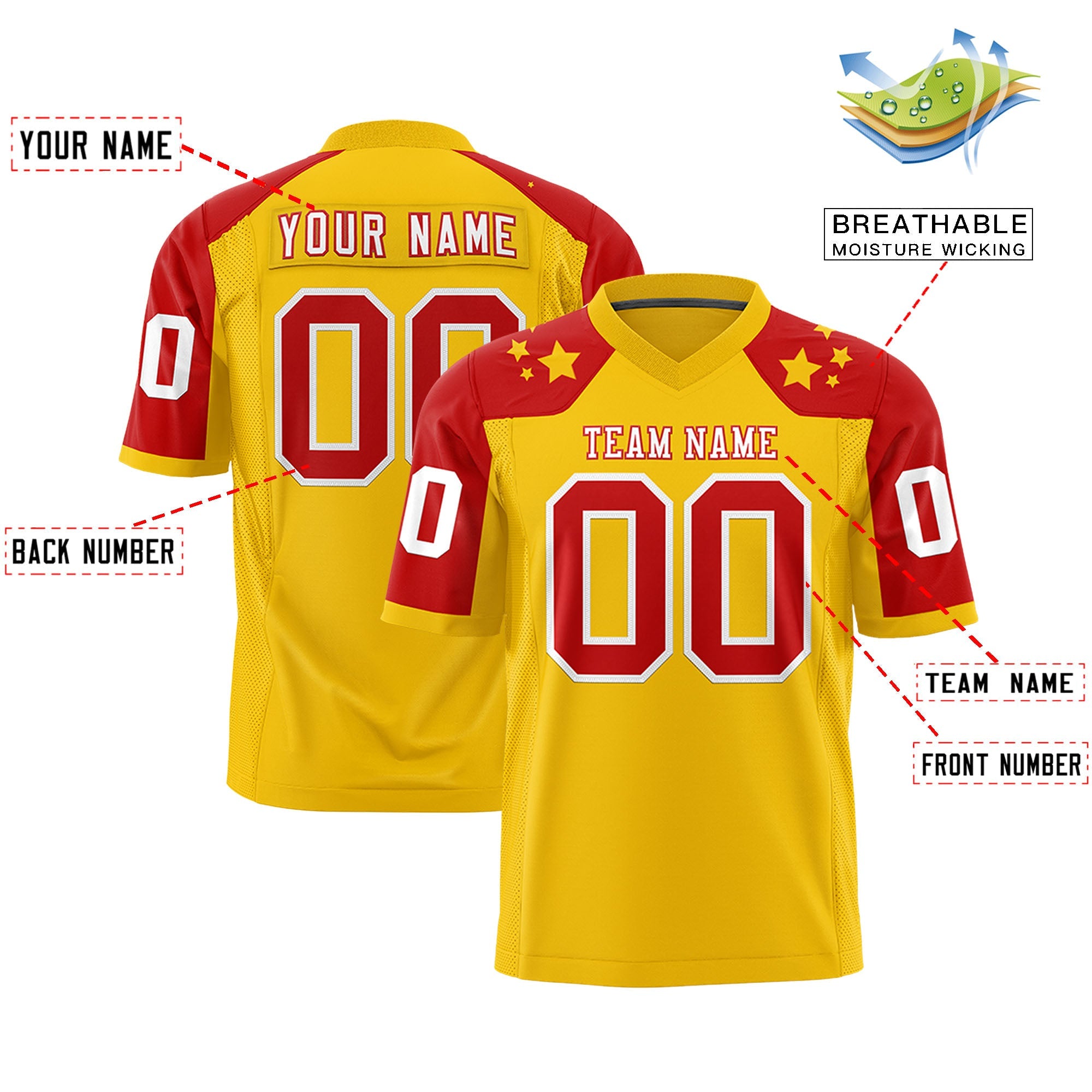 Custom Gold Red Personalized Shoulder Star Pattern Authentic Flag Football Jersey