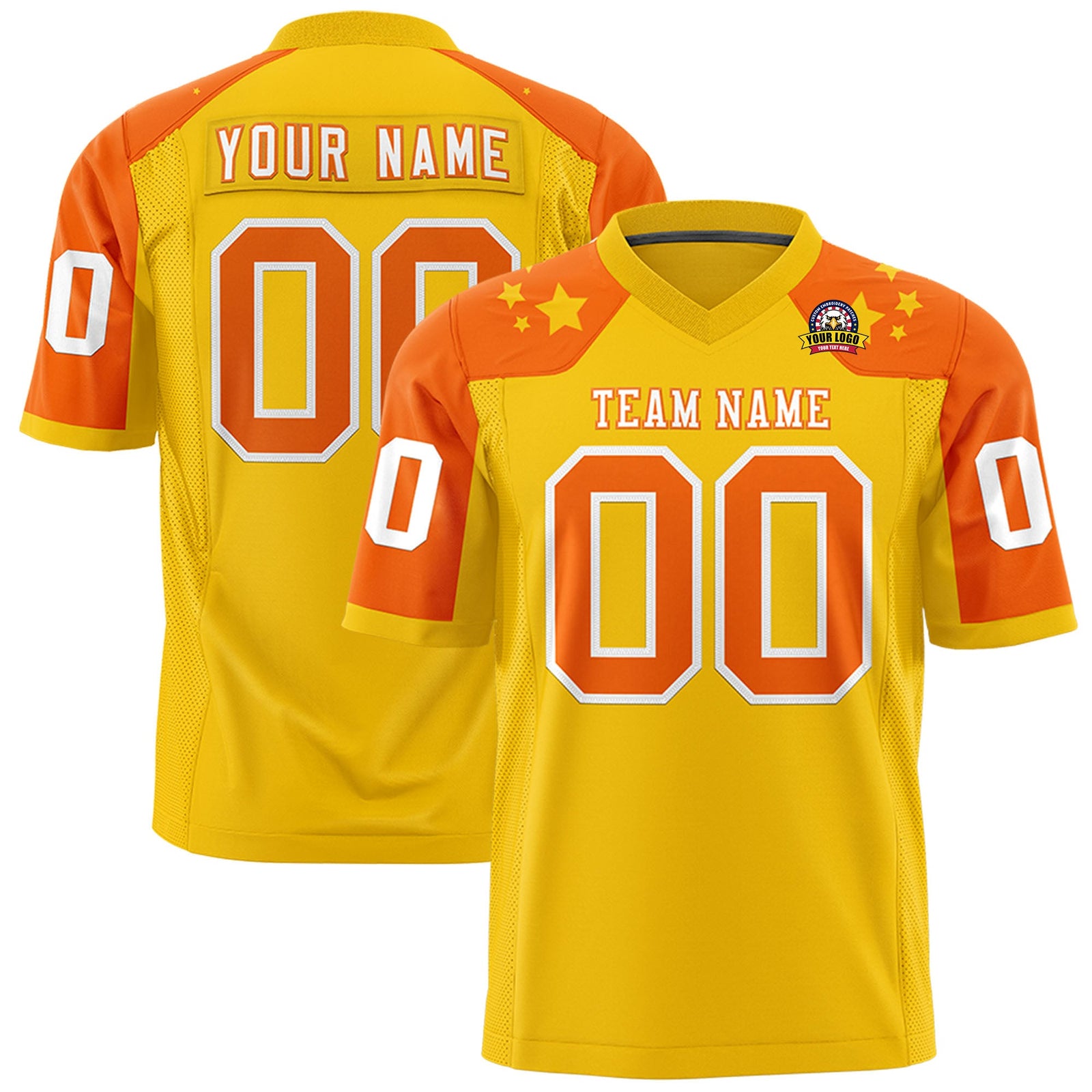Custom Gold Orange Personalized Shoulder Star Pattern Authentic Flag Football Jersey