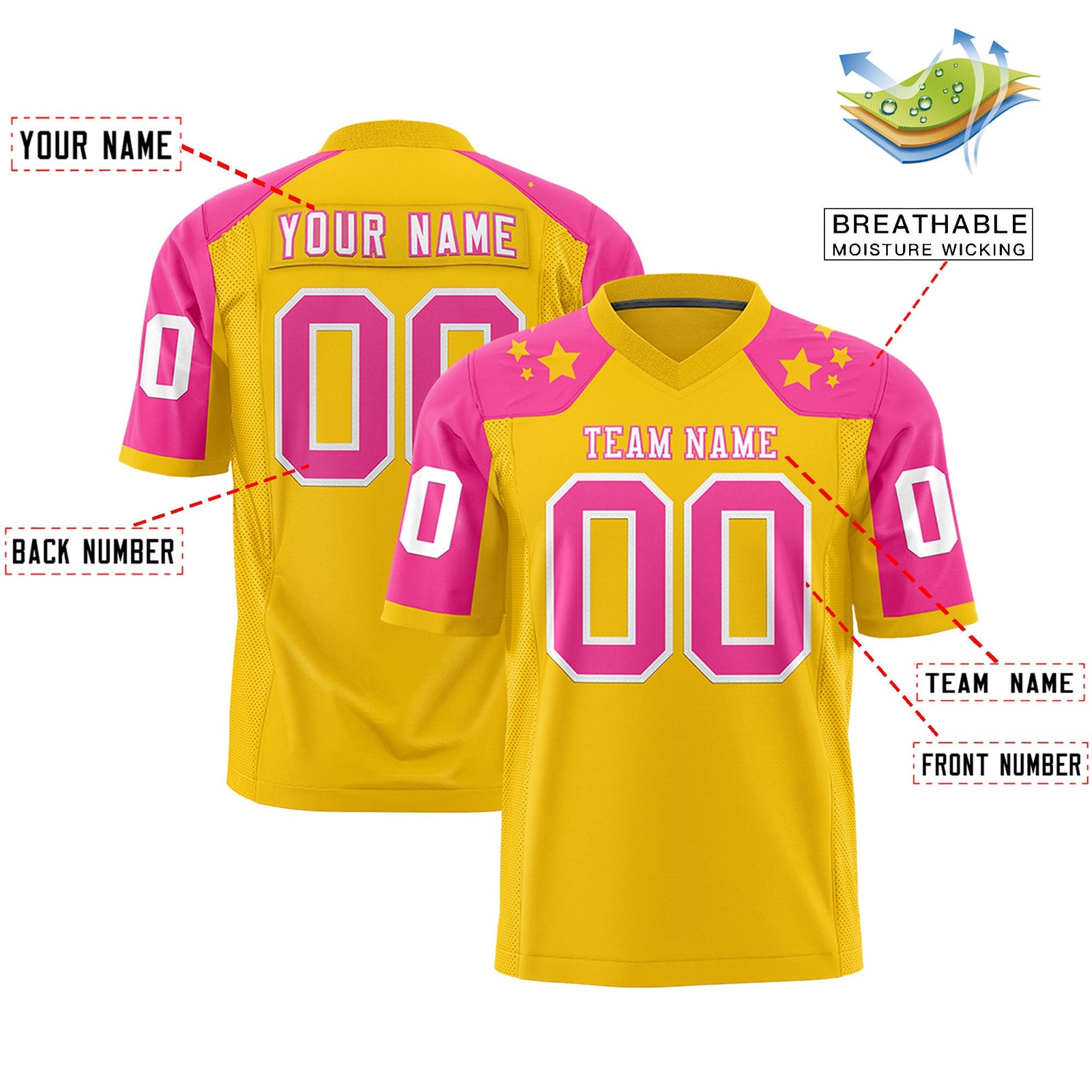 Custom Gold Pink Personalized Shoulder Star Pattern Authentic Flag Football Jersey