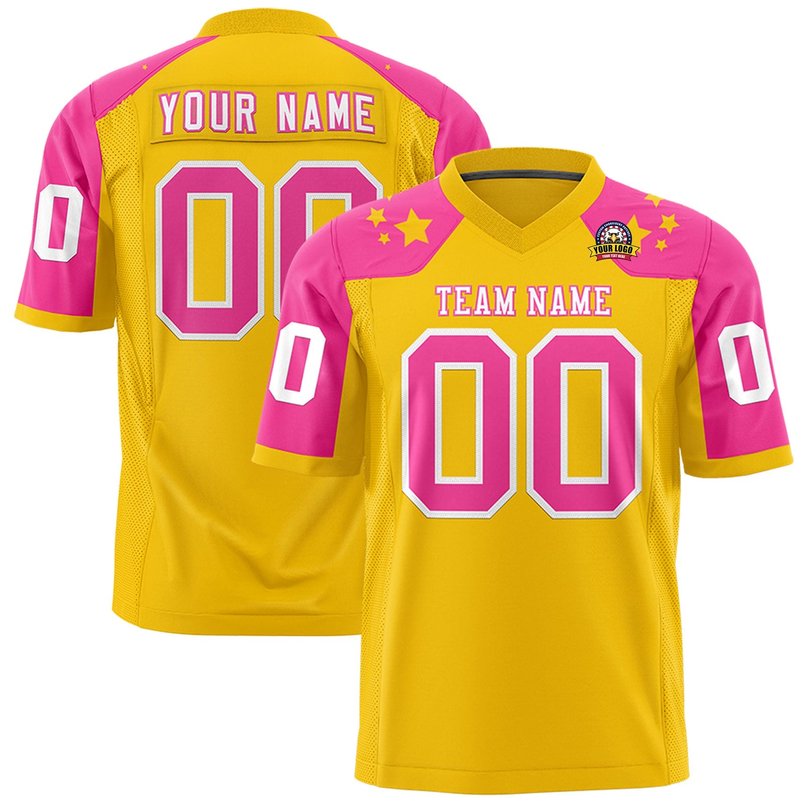 Custom Gold Pink Personalized Shoulder Star Pattern Authentic Flag Football Jersey