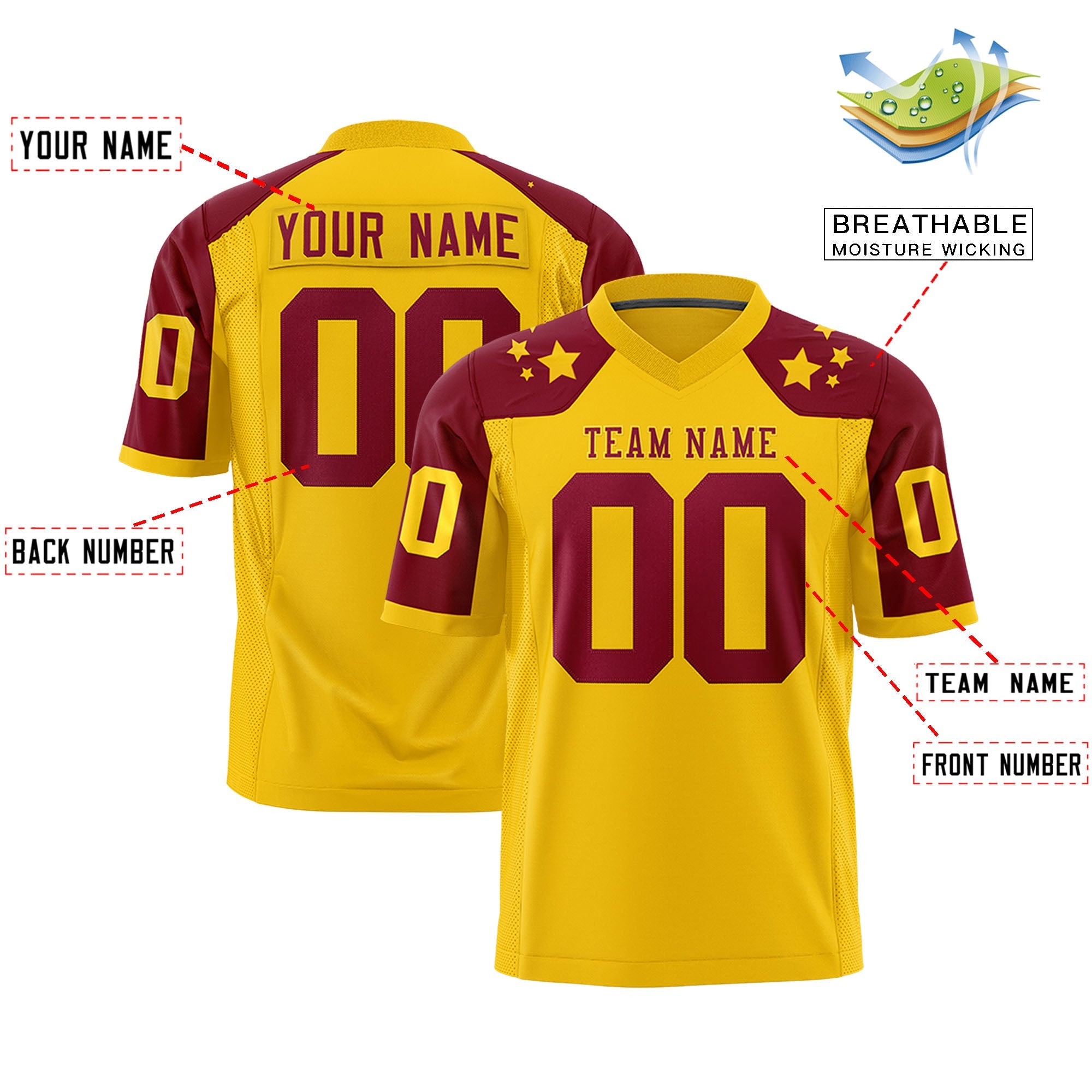 Custom Gold Crimson Personalized Shoulder Star Pattern Authentic Flag Football Jersey