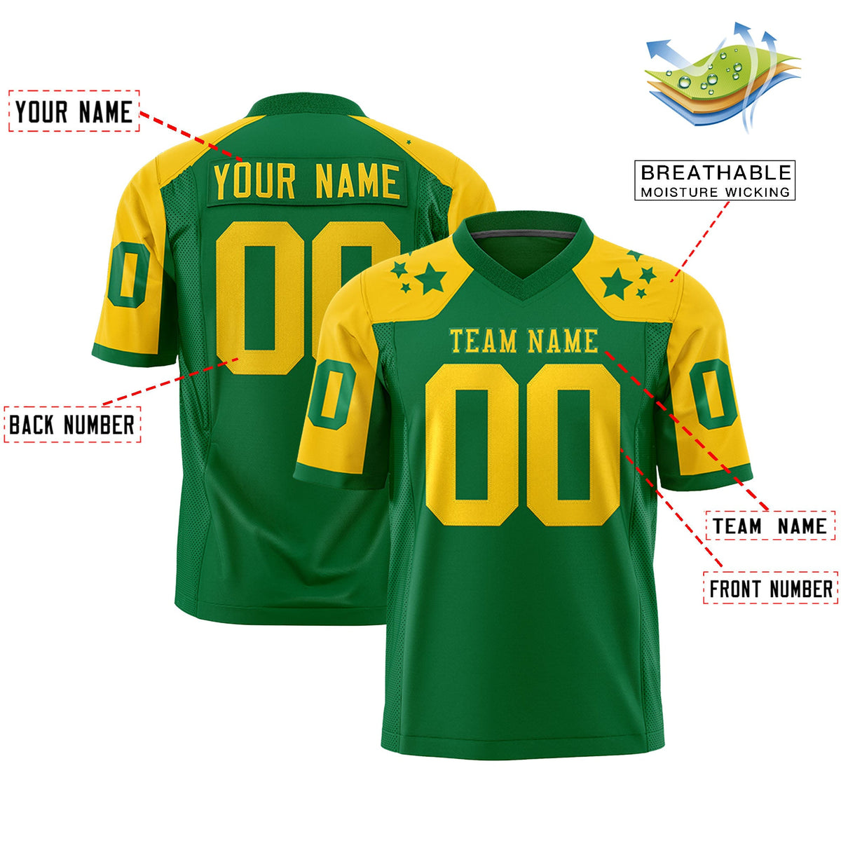 Custom Kelly Green Gold Personalized Shoulder Star Pattern Flag Football Jersey