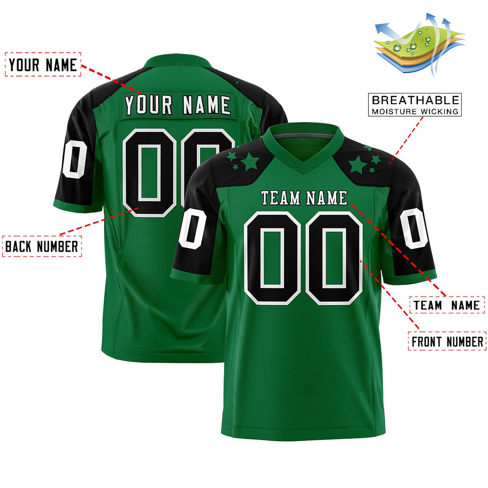 Custom Kelly Green Black Personalized Shoulder Star Pattern Authentic Flag Football Jersey