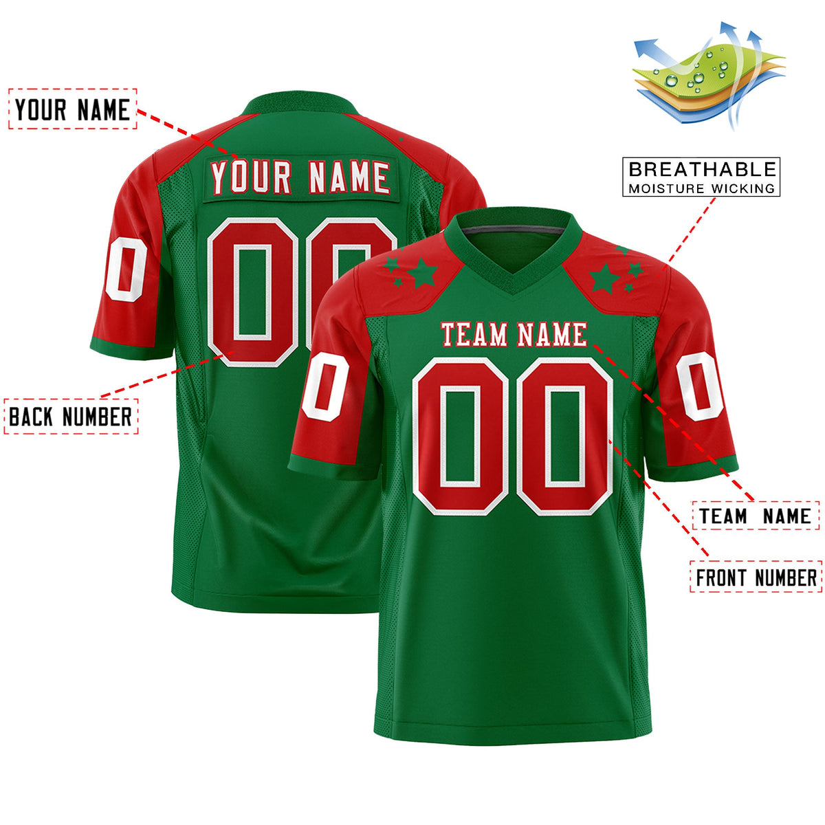 Custom Kelly Green Red Personalized Shoulder Star Pattern Flag Football Jersey