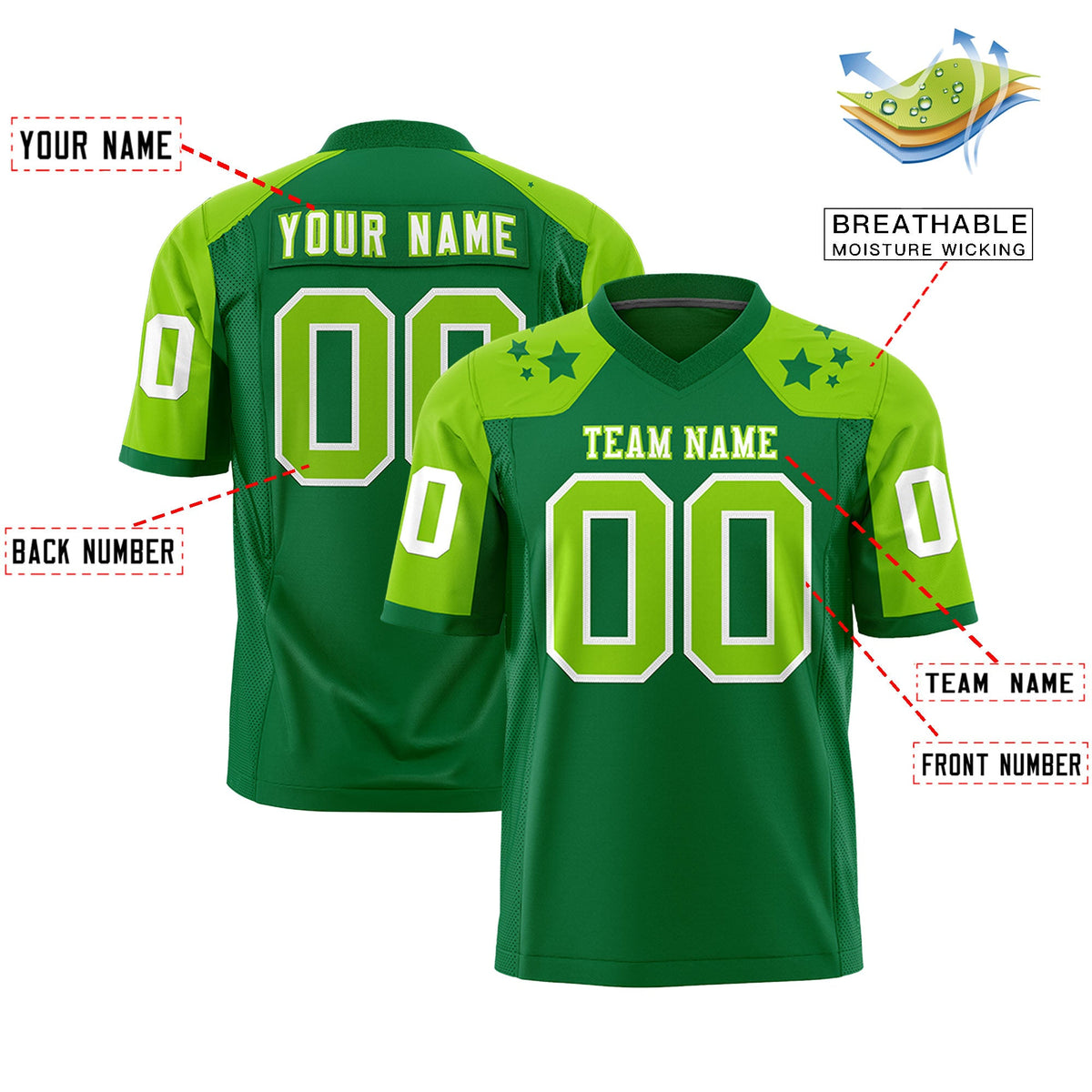 Custom Kelly Green Neon Green Personalized Shoulder Star Pattern Flag Football Jersey