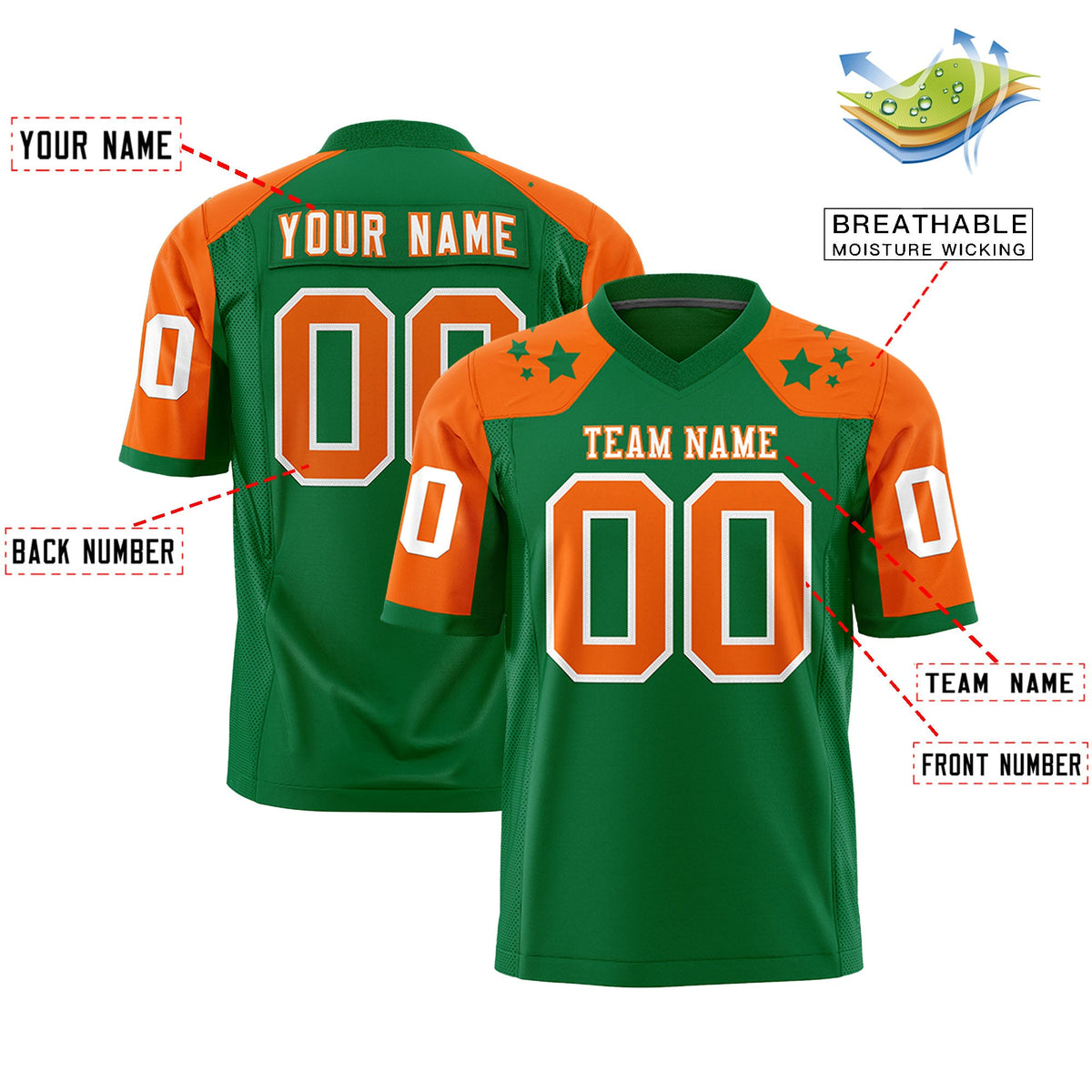 Custom Kelly Green Orange Personalized Shoulder Star Pattern Flag Football Jersey