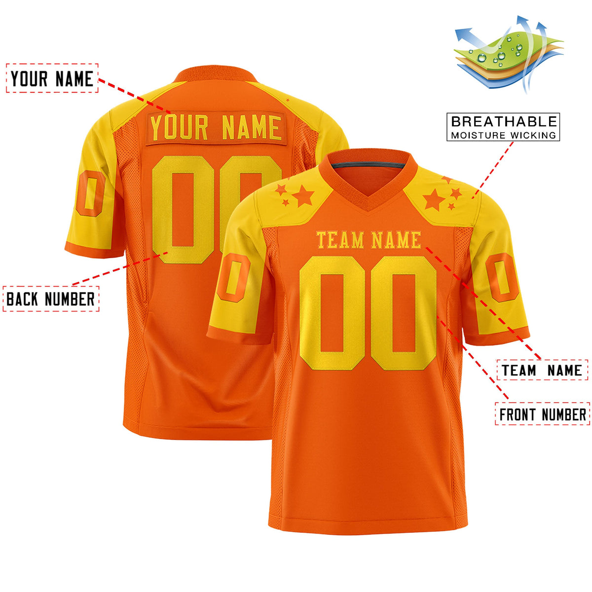 Custom Orange Gold Personalized Shoulder Star Pattern Flag Football Jersey