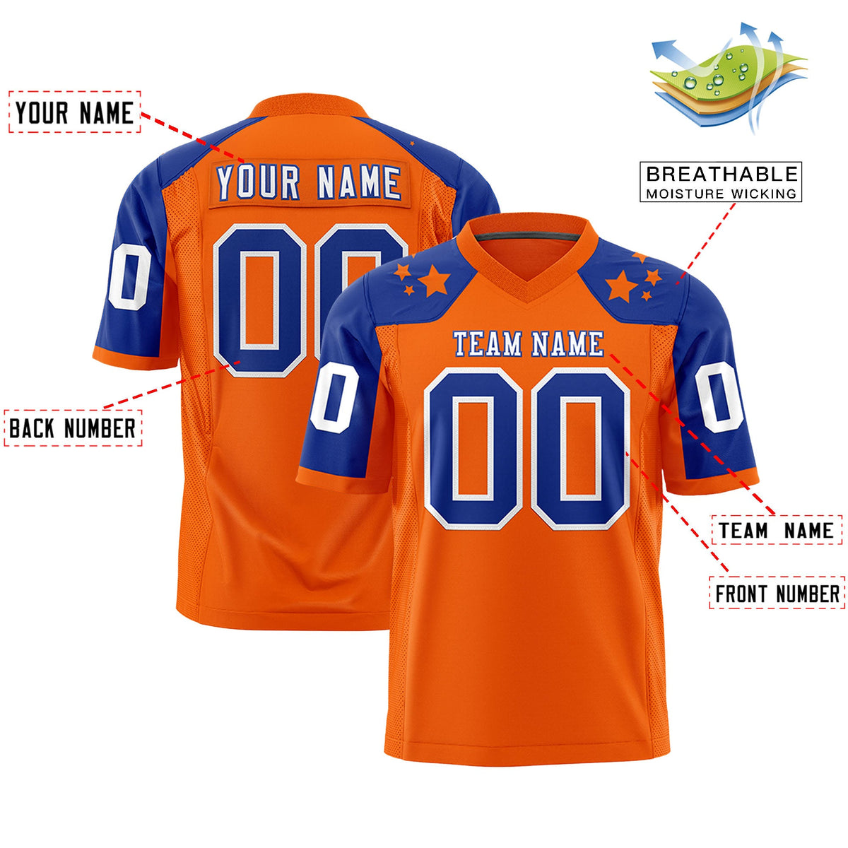 Custom Orange Royal Personalized Shoulder Star Pattern Flag Football Jersey