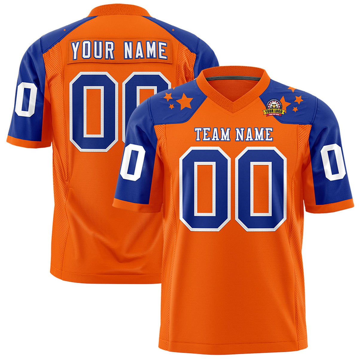 Custom Orange Royal Personalized Shoulder Star Pattern Authentic Flag Football Jersey