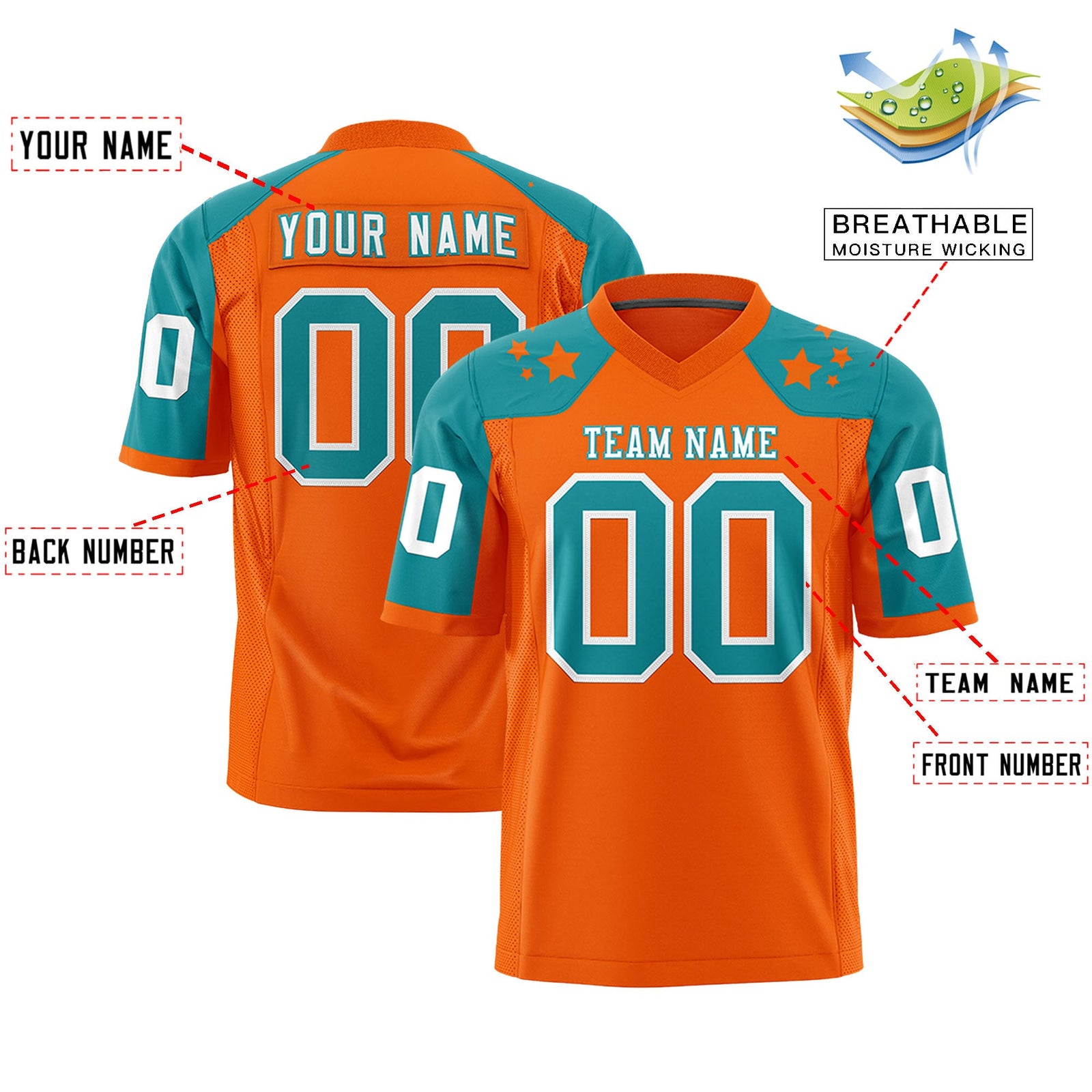 Custom Orange Aqua Personalized Shoulder Star Pattern Authentic Flag Football Jersey