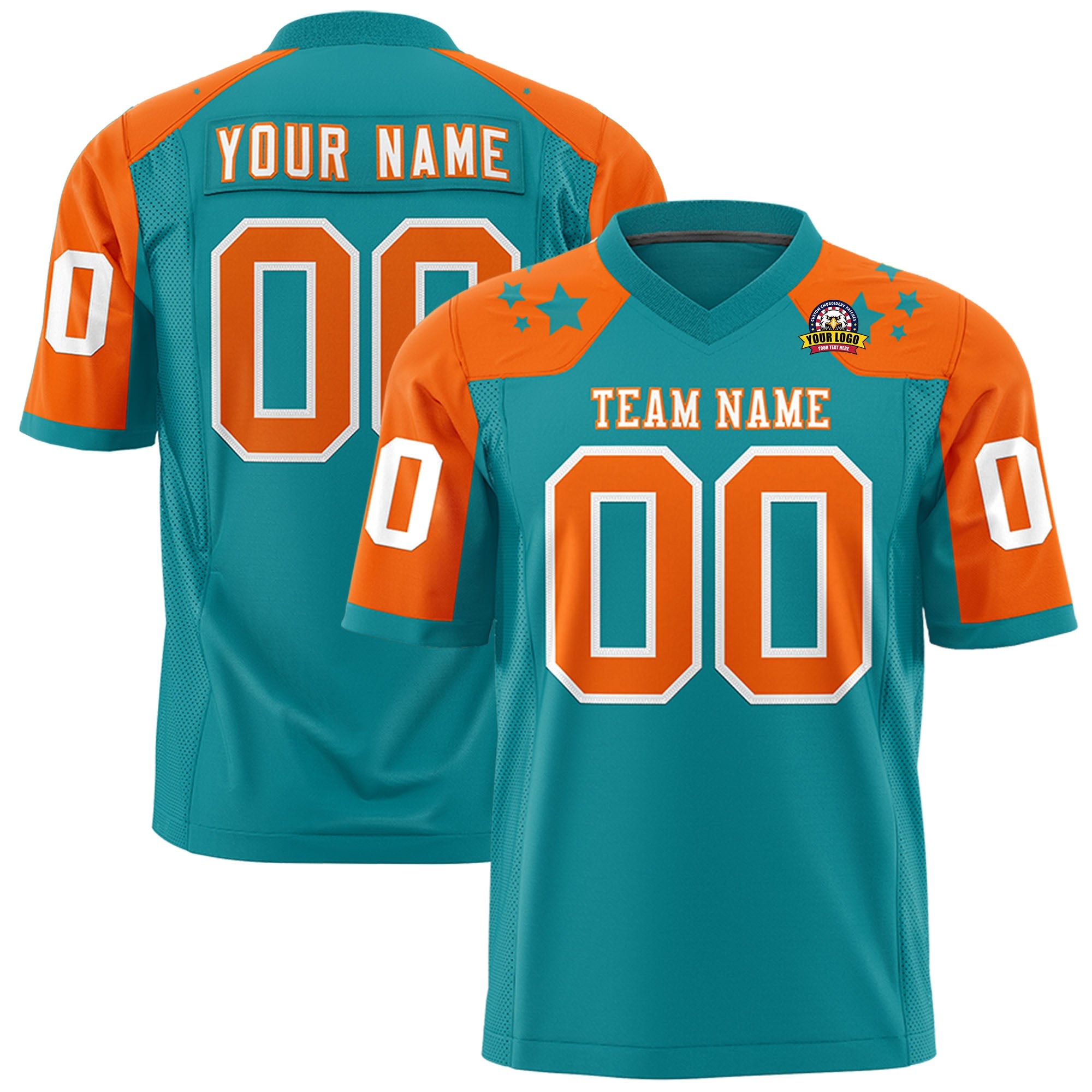 Custom Aqua Orange Personalized Shoulder Star Pattern Authentic Flag Football Jersey