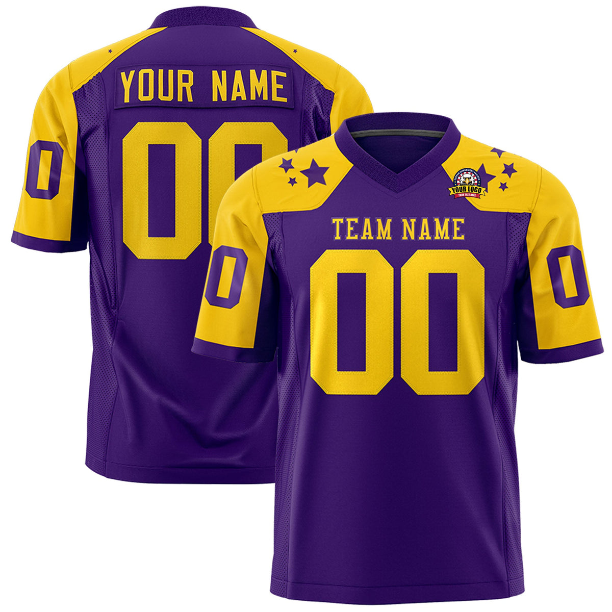 Custom Purple Gold Personalized Shoulder Star Pattern Authentic Flag Football Jersey