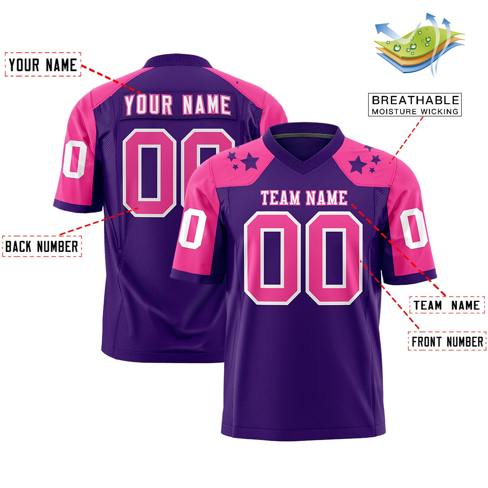 Custom Purple Pink Personalized Shoulder Star Pattern Authentic Flag Football Jersey