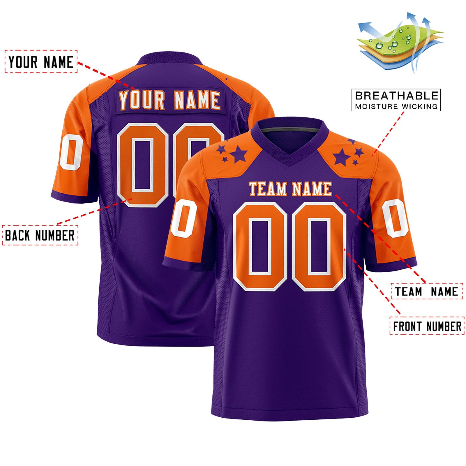 Custom Purple Orange Personalized Shoulder Star Pattern Authentic Flag Football Jersey