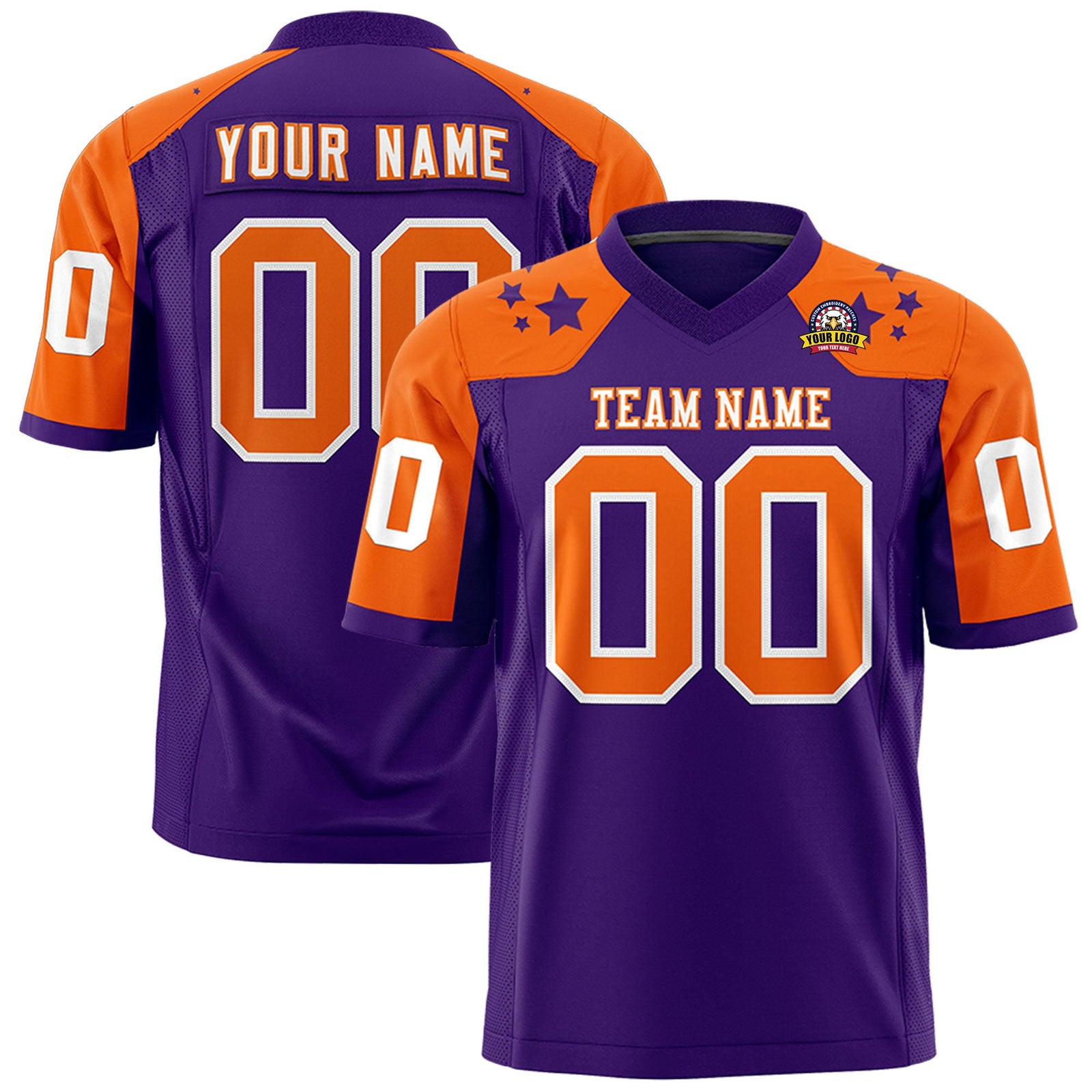 Custom Purple Orange Personalized Shoulder Star Pattern Authentic Flag Football Jersey