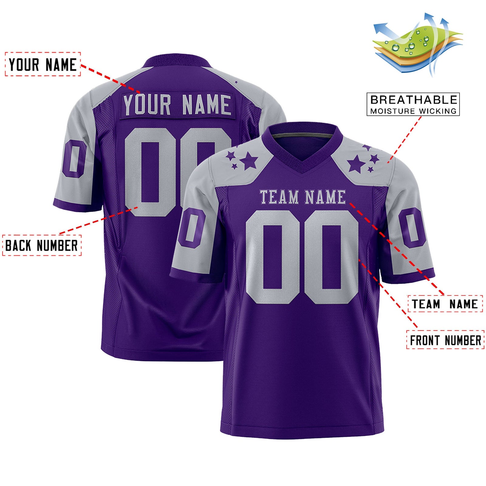Custom Purple Gray Personalized Shoulder Star Pattern Authentic Flag Football Jersey