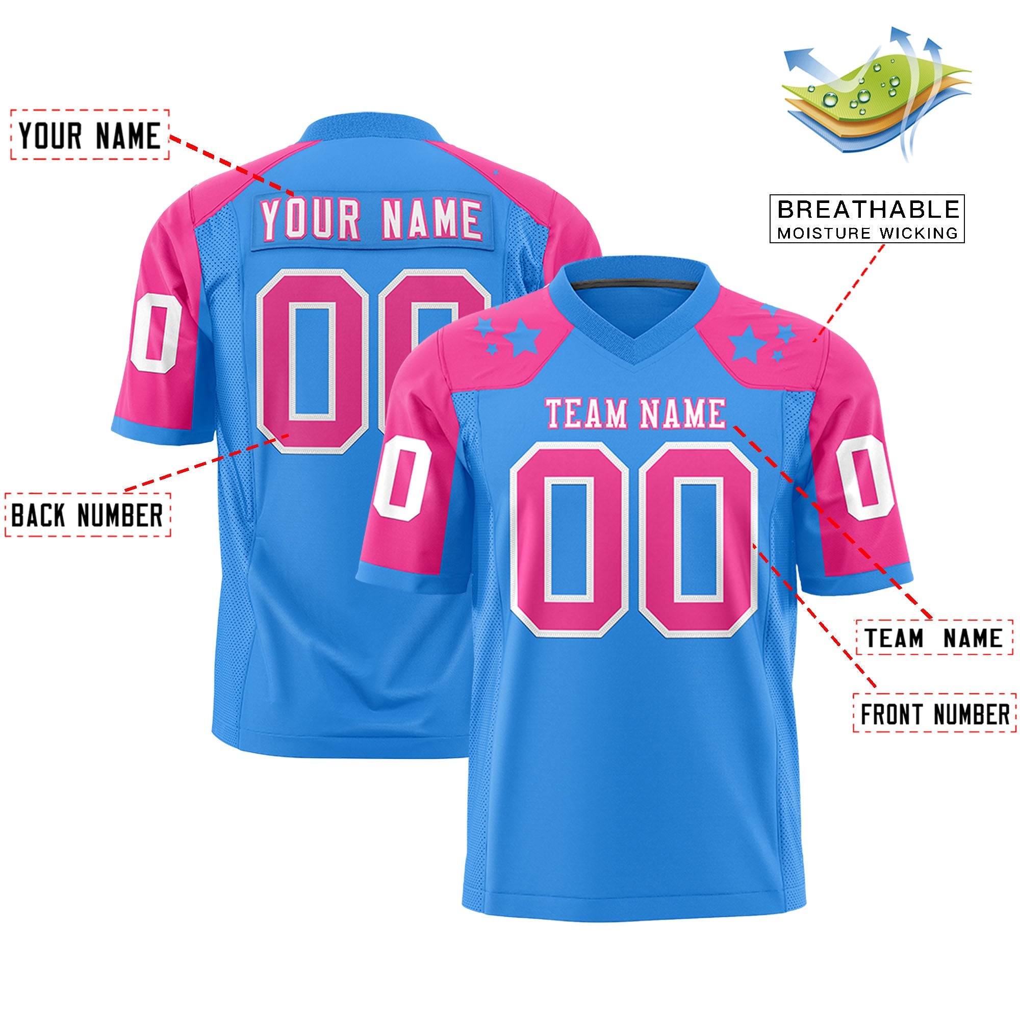 Custom Powder Blue Pink Personalized Shoulder Star Pattern Authentic Flag Football Jersey