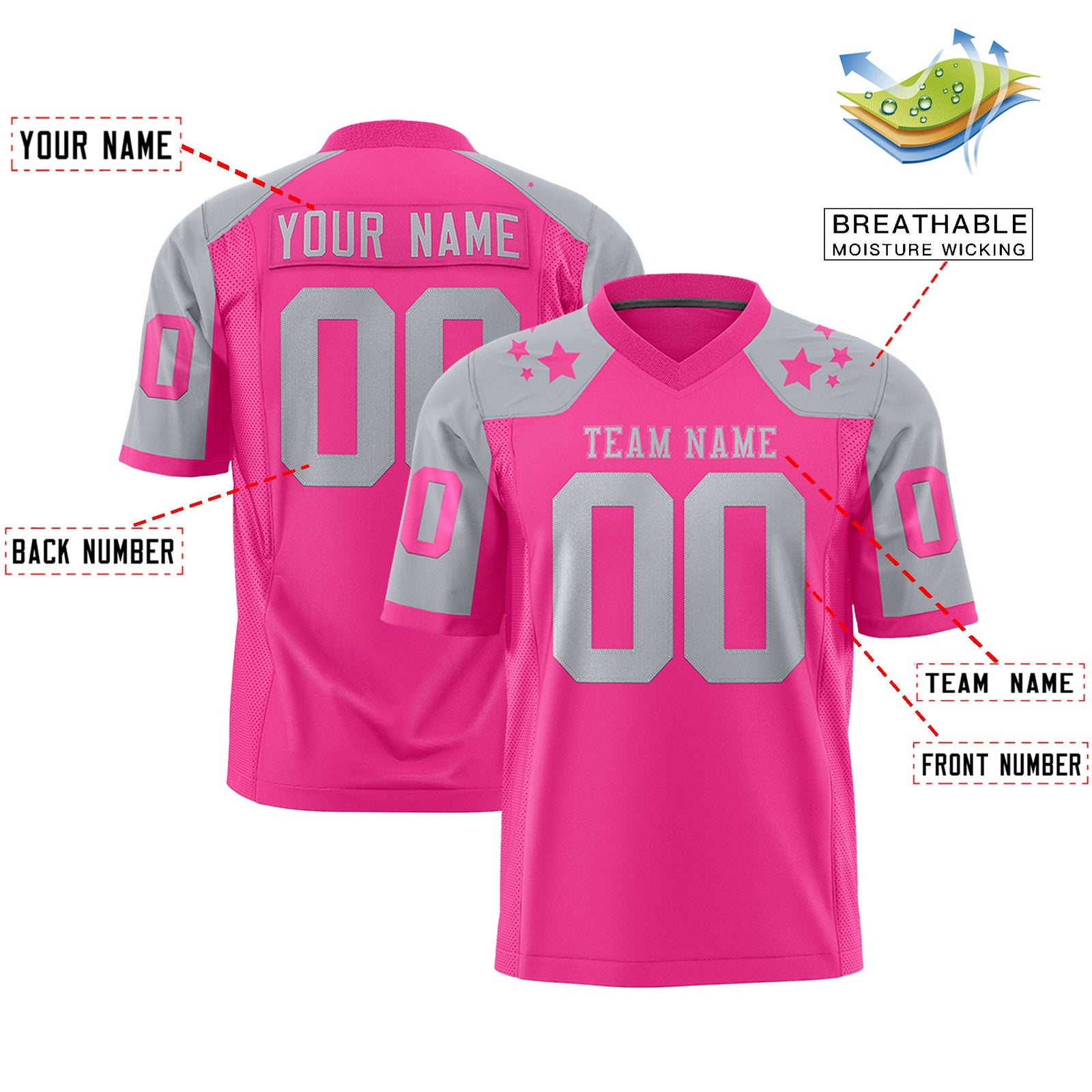 Custom Pink Gray Personalized Shoulder Star Pattern Authentic Flag Football Jersey