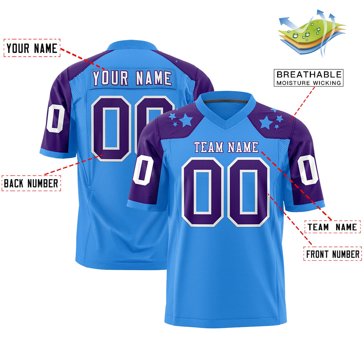 Custom Powder Blue Purple Personalized Shoulder Star Pattern Flag Football Jersey